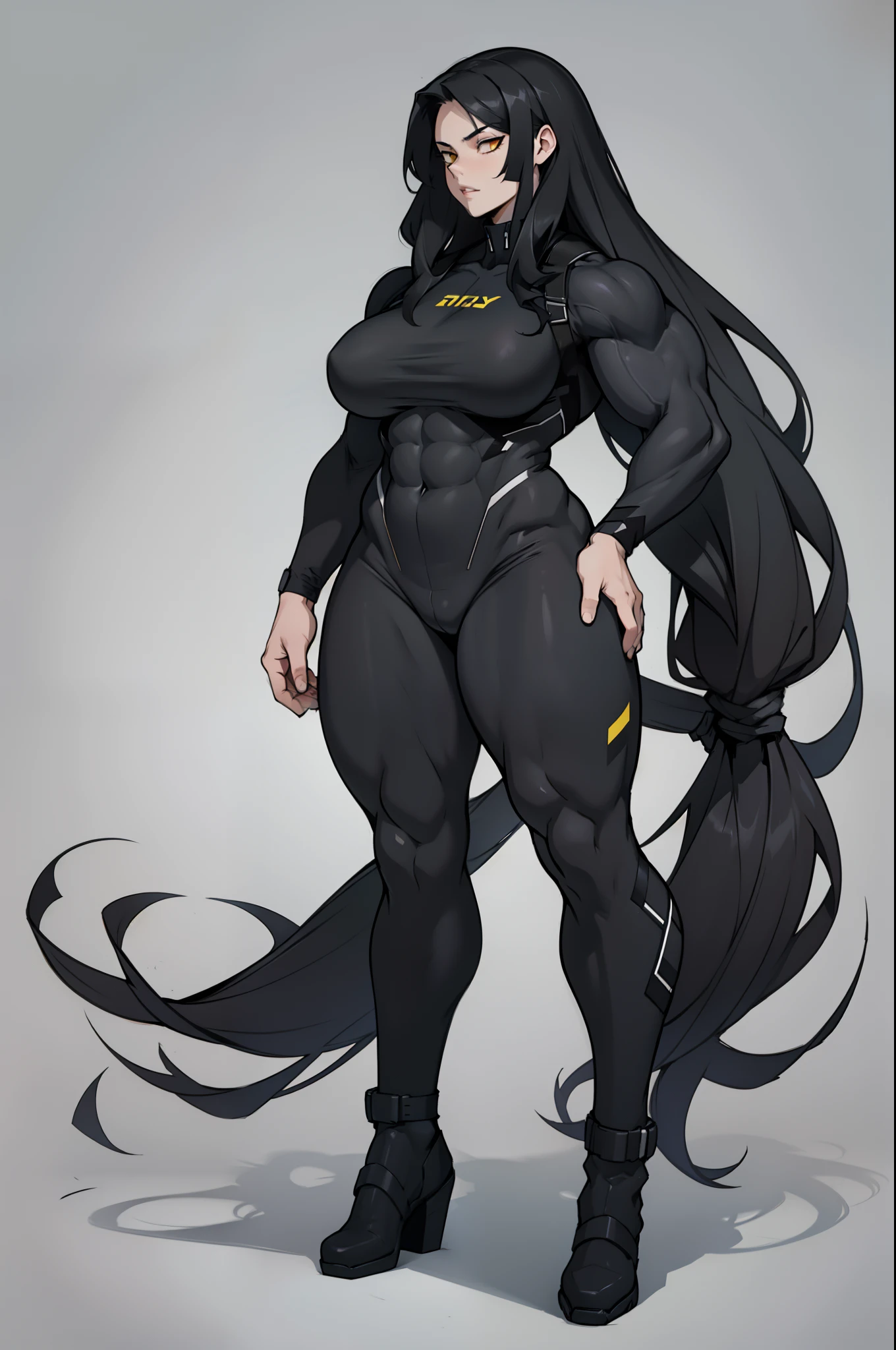 ((very long hair)), ((grey background)), (((((1 girl))))), black hair, yellow eyes, (((((muscular))))), tall, pale skin, (full body), bodysuit, (solo), curvy, wide hips, thick thighs, big breasts