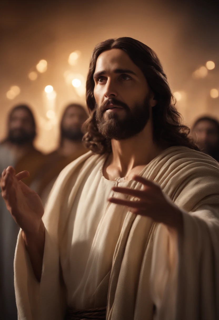 Jesus( 8K realista), com alguns anjos ao seu redor, Jesus is commanding the angels. (imagem: Cinematic realistic 8K