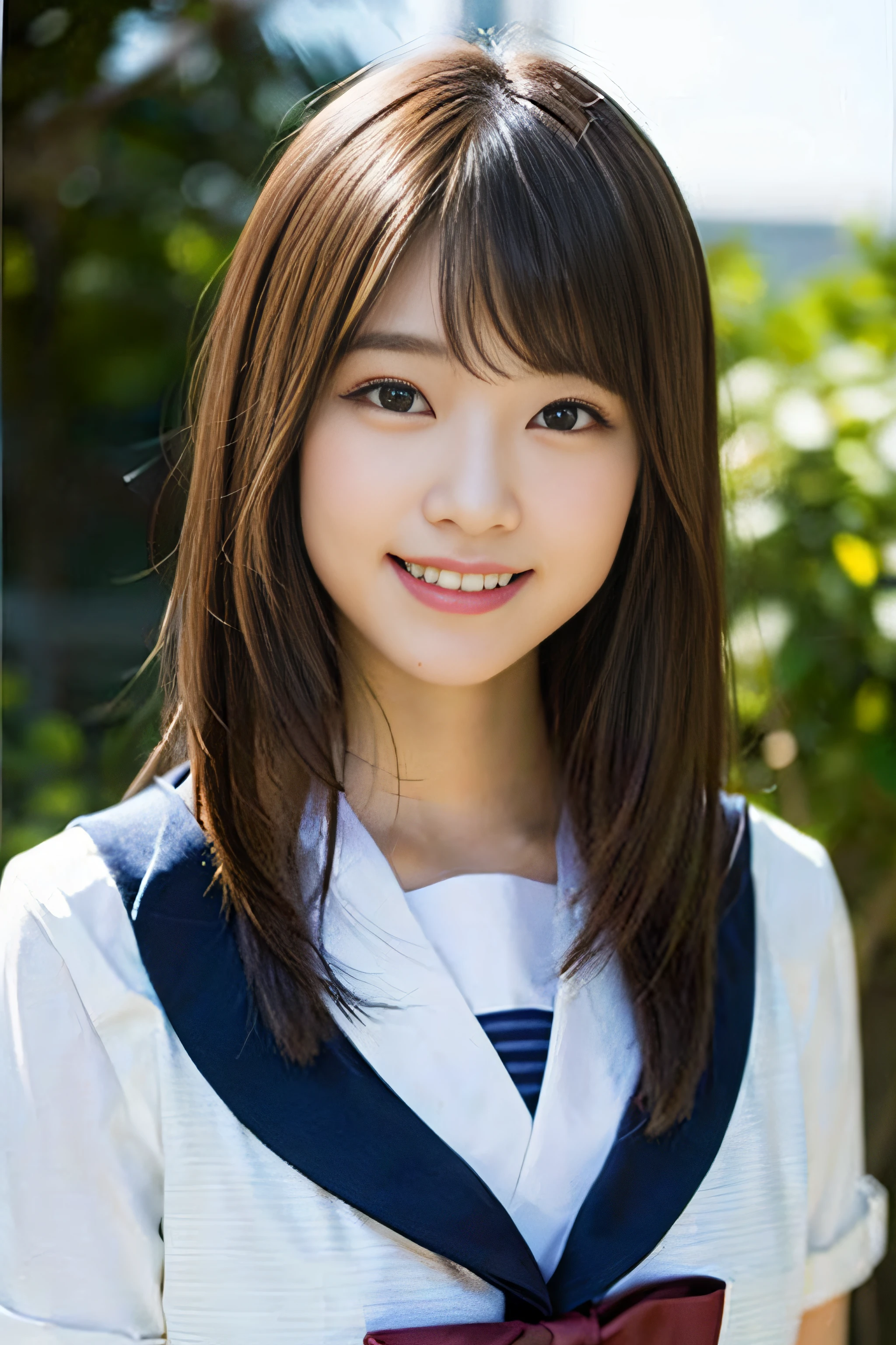 (8K、Raw photography、top-quality、​masterpiece:1.2)、(realisitic、Photorealsitic:1.37)、ultra-detailliert、超A high resolution、女の子1人、see the beholder、beautifull detailed face、A smile、Constriction、(Slim waist) :1.3)、Beautiful detailed skin、Skin Texture、Floating hair、Professional Lighting、Whole human body、Longhaire、a blond、japanese hight school uniform、a sailor suit、matriculation、、Bob Hair、E-cup、Happy smile、、Red ribbons、a baby face