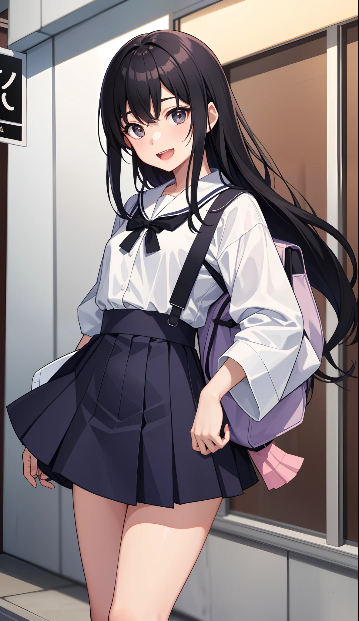 A 10-year-old elementary school girl with long black hair wearing a school uniform who lifts up her skirt to reveal white panties.
