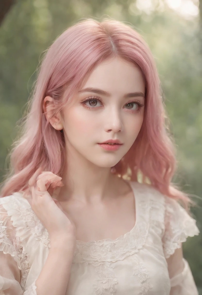 beautiful portrait painting of an anime girl, cute, pink hair, symmetrical face, symmetrical eyes, two identical symmetrical eyes, portrait, beautiful girl, artstation, trending on artstation, gorgeous, smooth skin, cutie, long hair, fantasy style, pastel colors , forest background, FHD, --version 3 --ar 2:3 --uplight --stylize 1250