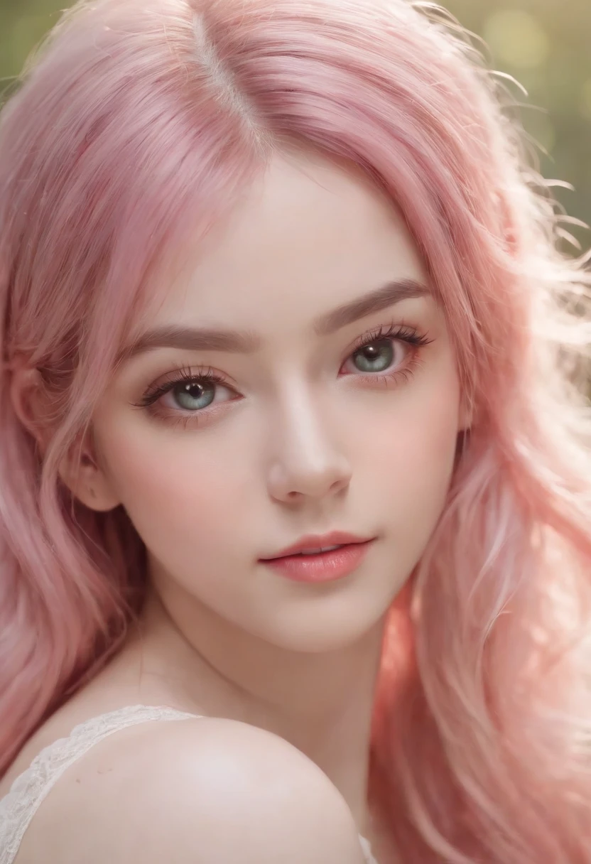 beautiful portrait painting of an anime girl, cute, pink hair, symmetrical face, symmetrical eyes, two identical symmetrical eyes, portrait, beautiful girl, artstation, trending on artstation, gorgeous, smooth skin, cutie, long hair, fantasy style, pastel colors , forest background, FHD, --version 3 --ar 2:3 --uplight --stylize 1250