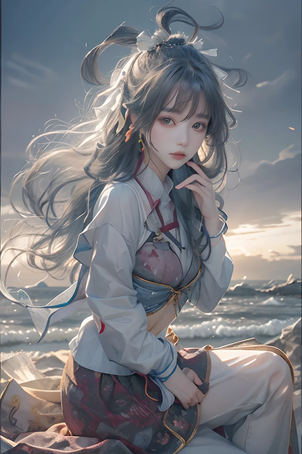 Masterpiece, Best quality, day, Sunset, In the ocean, In the cyberpunk city, Realistic, Huge_filesize, the wallpaper, Girl, Long hair, Light purple hair, Wavy hair, Beautiful detailed eyes, Seductive smile, Medium breasts, shift dresses, Sweater dress, Bare_bshoulders, streaked, frilld, Detached_Sleeves, Miniskirt, Sling bikini, White pantyhose, Hair ribbon, flower ribbon, Hair_flower, neck bowtie, pendant, shackle, crouched, Sitting,