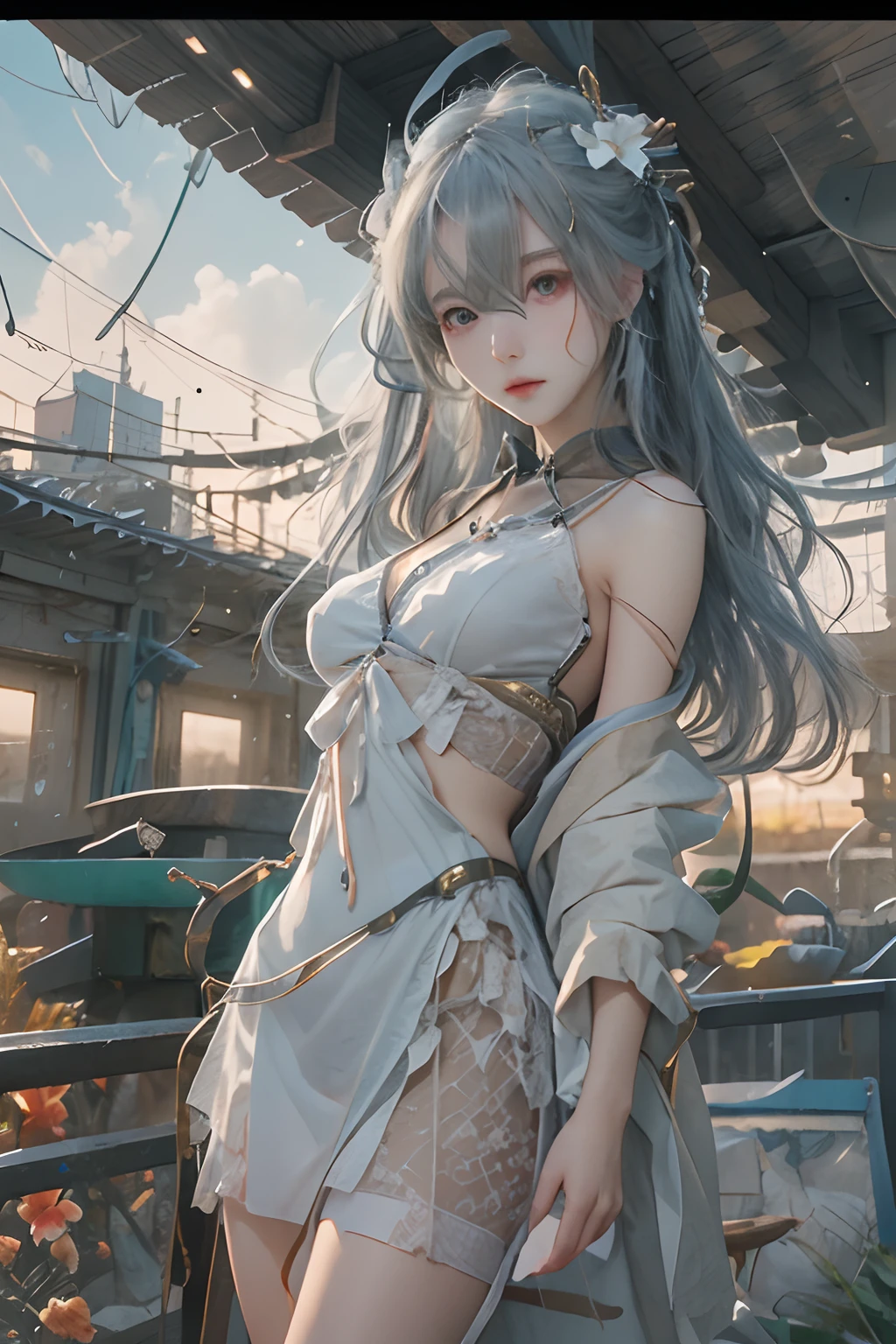 Masterpiece, Best quality, day, Sunset, In the ocean, In the cyberpunk city, Realistic, Huge_filesize, the wallpaper, Girl, Long hair, Light purple hair, Wavy hair, Beautiful detailed eyes, Seductive smile, Medium breasts, shift dresses, Sweater dress, Bare_bshoulders, streaked, frilld, Detached_Sleeves, Miniskirt, Sling bikini, White pantyhose, Hair ribbon, flower ribbon, Hair_flower, neck bowtie, pendant, shackle, crouched, Sitting,