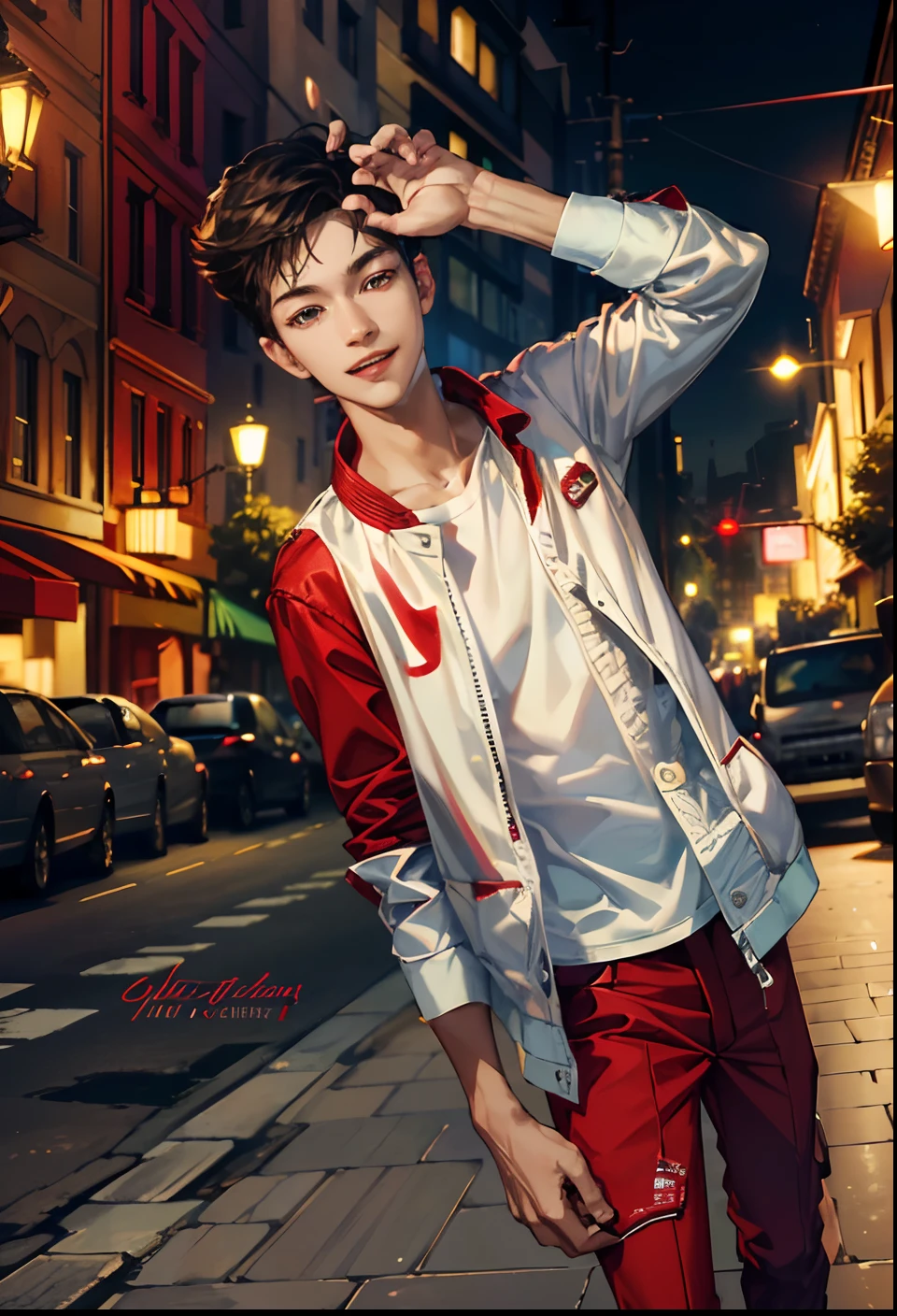 (absurdres, highres, ultra detailed, HDR), masterpiece, best quality, 1boy, handsome, short hair, finely eye and detailed face, (white t-shirt), (red jacket), dimple, night street, night city, midnight, selfie shot, light smile