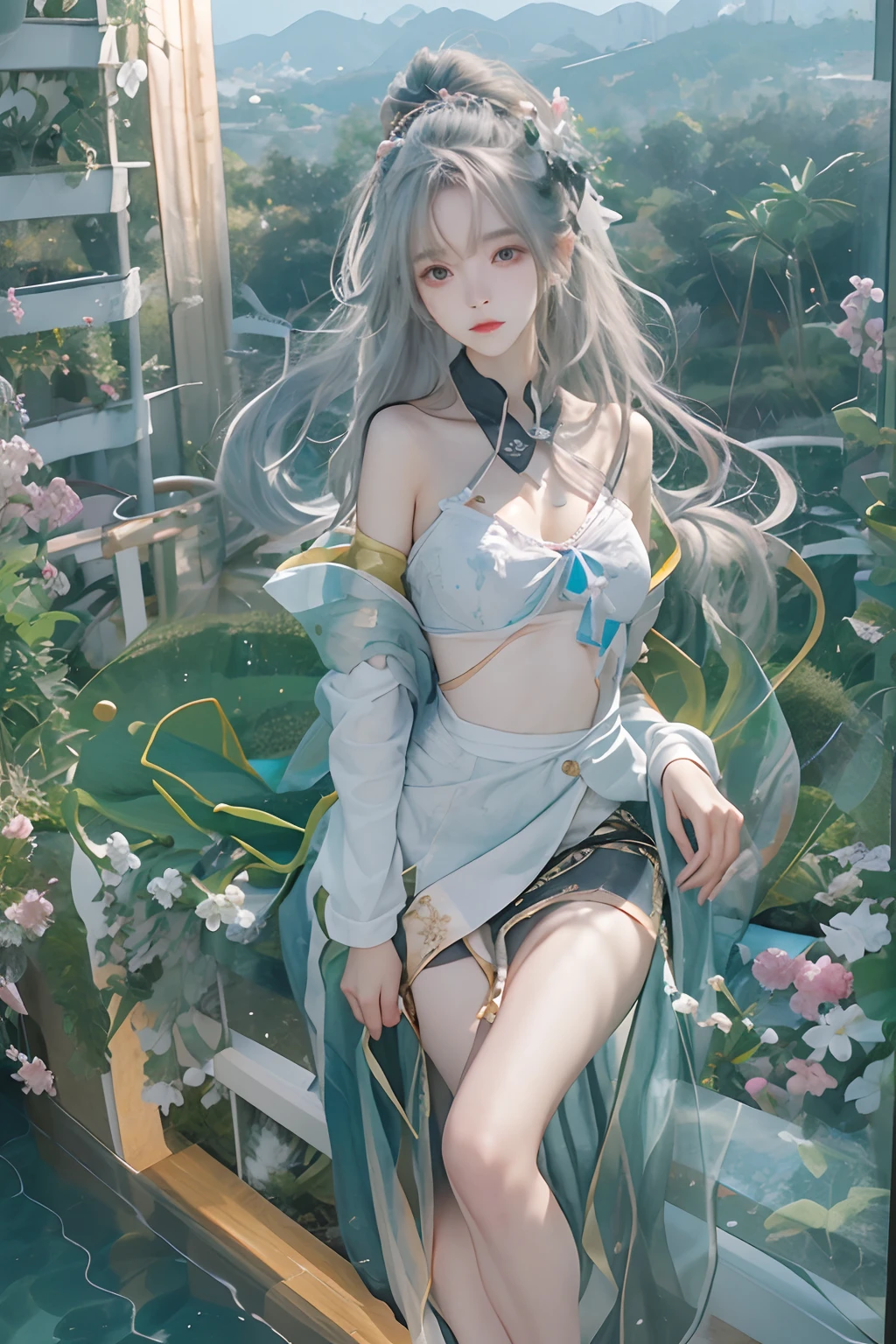 Masterpiece, Best quality, day, Sunset, In the ocean, In the cyberpunk city, Realistic, Huge_filesize, the wallpaper, Girl, Long hair, Light purple hair, Wavy hair, Beautiful detailed eyes, Seductive smile, Medium breasts, shift dresses, Sweater dress, Bare_bshoulders, streaked, frilld, Detached_Sleeves, Miniskirt, Sling bikini, White pantyhose, Hair ribbon, flower ribbon, Hair_flower, neck bowtie, pendant, shackle, crouched, Sitting,