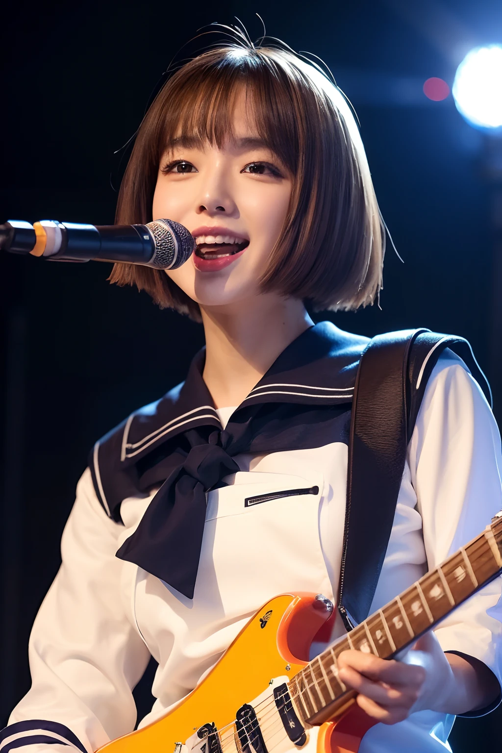 electric guitars、Japan Solo Idol,Pretty girl,A smile that makes the viewer happy,Light brown and orange two-tone shorthair,Floating hair,poneyTail、Unkempt hair,Red cheeks,red lipsticks,Stand in front of the microphone stand、(plays the electric guitar:1.3),sings,(Student Sailor Uniform:1.3)、Studio Lighting、(My whole body is drenched in sweat,Costume wet with sweat,hair wet with sweat,Face wet with sweat,Body wet with sweat,Skin shiny with sweat,), (masutepiece,top-quality,Ultra-high resolution output image,)