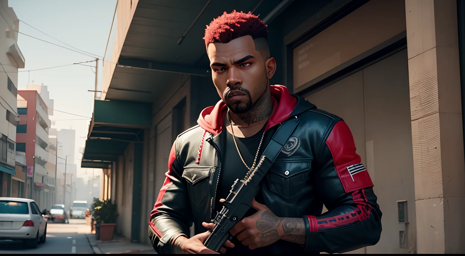 A lonely man, Tatuado, red hair, pele negra,corte vermelho, gta personagem, Como o protagonista de GTA 5, gta v estilo, Kanye West em GTA v, gta5 estilo, gta v personagem, empunhando fuzil de assalto, rifle in hand, Fuzil AK - 47, slum scenery.