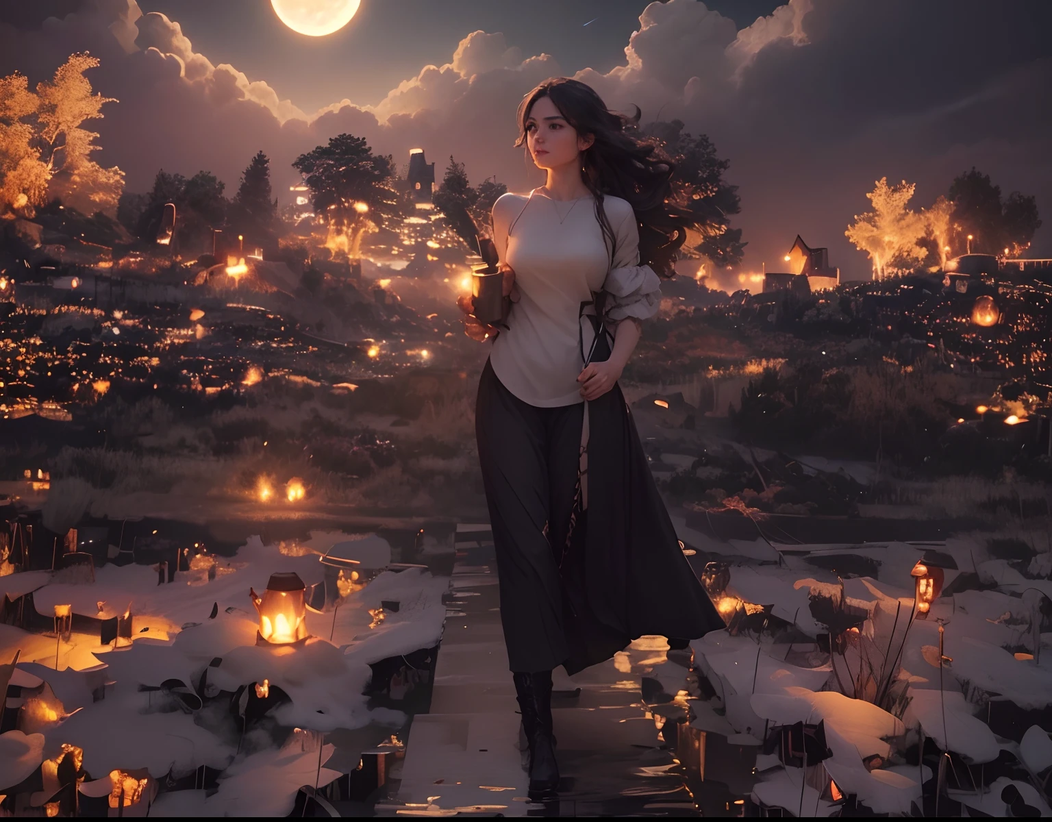 Masterpiece, best quality, night, hills, clouds, full moon, long hair, woman, silhouette, firefly.
