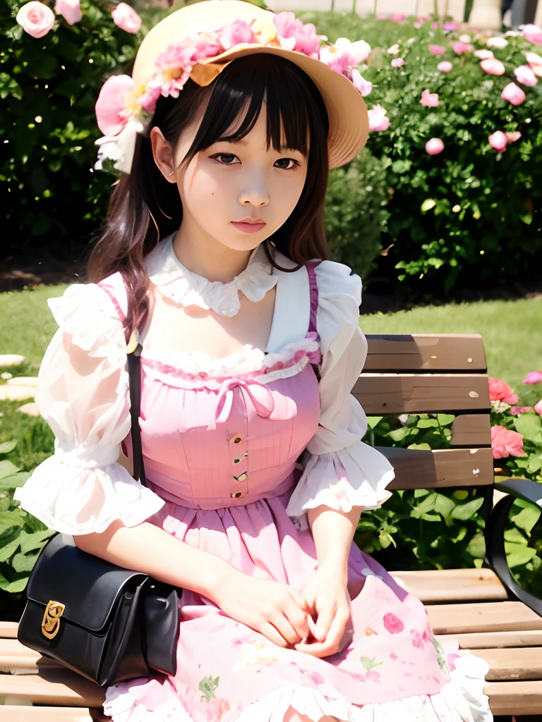 there is a woman sitting on a bench with a purse, Lolita style, Lolita Fashion, portrait of the magical Lolita girl, Portrait of radical Lolita girl, frilled blooming collar, fairycore, sakimichan, lolish, angelic pretty, Rin, sitting in the rose garden, Belle Delphine, Flower dress, chiho, wearing pink floral chiton, Lori
