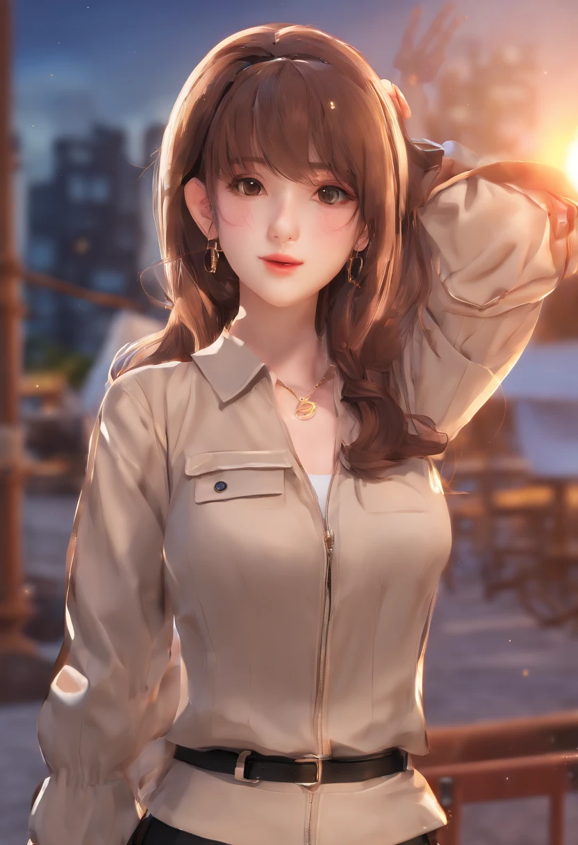 rolua,, , 1girl, ahoge, bangs, black skirt, black sweater, blue nails, blurry, blurry background, breasts, brown eyes, brown hair, brown jacket, closed mouth, dated, day, depth of field, earrings, eyelashes, hand up, head tilt, jacket, jewelry, long hair, long sleeves, looking at viewer, medium breasts, nail polish, open clothes, open jacket, outdoors, puckered lips, shirt tucked in, sidelocks, skirt, sleeves past wrists, solo, sweater, upper body, zipper, , , ((masterpiece)), ,