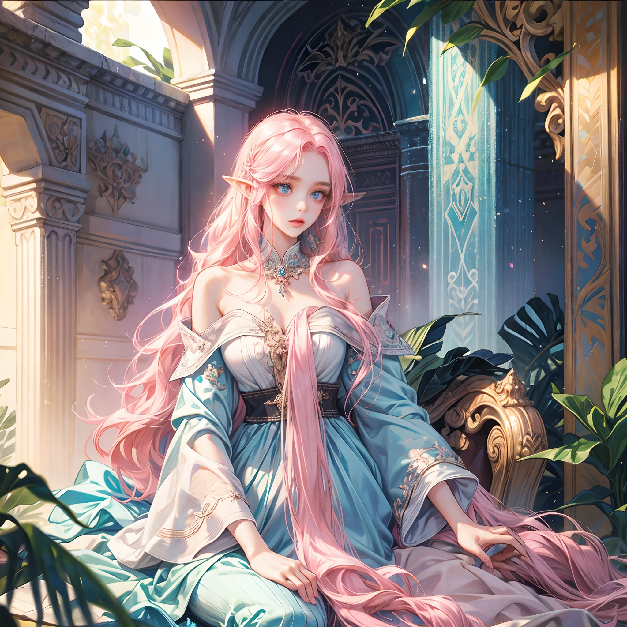 A woman, long curly hair, pink hair, blue eyes, elf