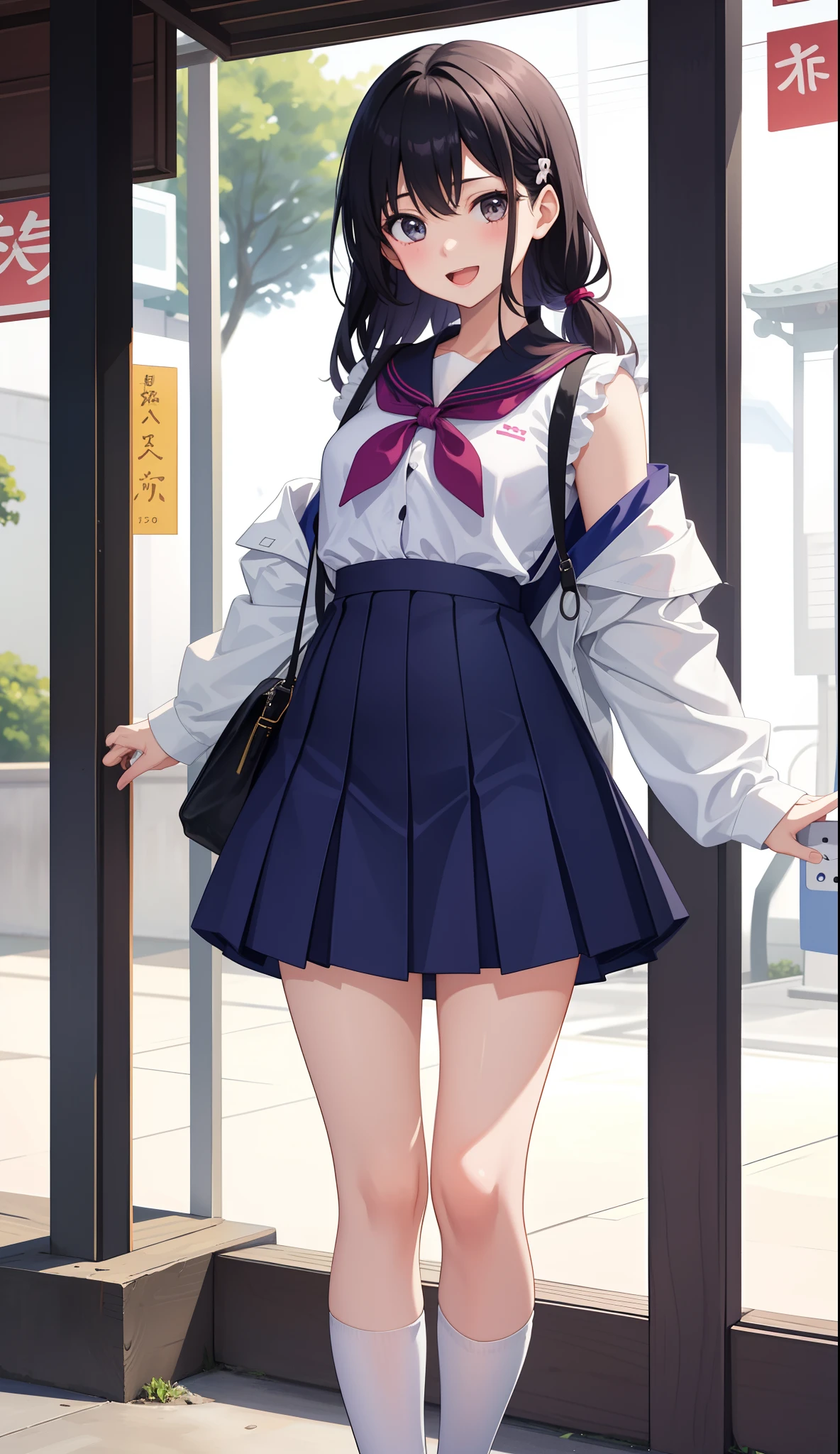 1girl in、AS-Adult、a smile、open open mouth、、be shy、The shirt、skirt by the、(small tits)Japan High School、校服、serafuku、Walking with a thigh、Upper body portrait、