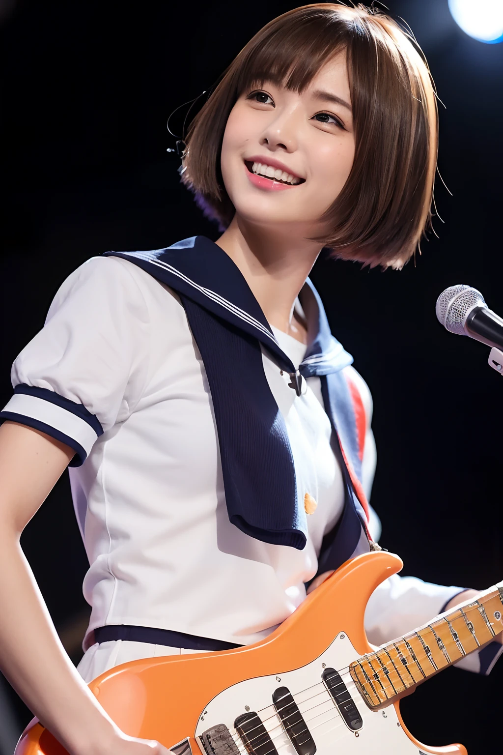 electric guitars、Japan Solo Idol,Pretty girl,A smile that makes the viewer happy,Light brown and orange two-tone shorthair,Floating hair,poneyTail、Unkempt hair,Red cheeks,red lipsticks,Stand in front of the microphone stand、(plays the electric guitar:1.3),sings,(Student Sailor Uniform:1.3)、Studio Lighting、(My whole body is drenched in sweat,Costume wet with sweat,hair wet with sweat,Face wet with sweat,Body wet with sweat,Skin shiny with sweat,), (masutepiece,top-quality,Ultra-high resolution output image,)