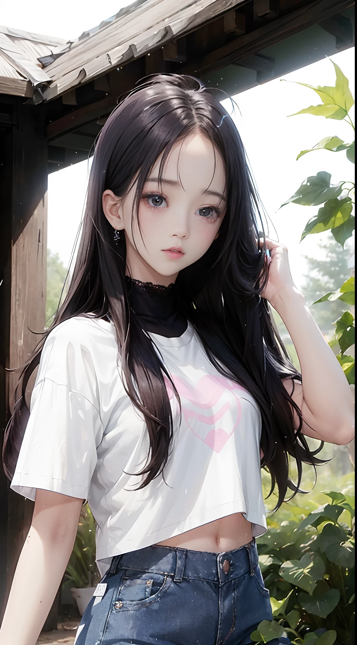 ((Jisoo from Blackpink)), white t-shirt, tiny blue pleated skirt, pink panties, black tights to the waist, black high heels, close-up from thighs to face, shot from below, very fair skin, very long hair, wavy hair , camp, forest, photorealistic, indirect lighting, volumetric light, ray tracing, hyperdetailed, best quality, high resolution, HDR, 8k