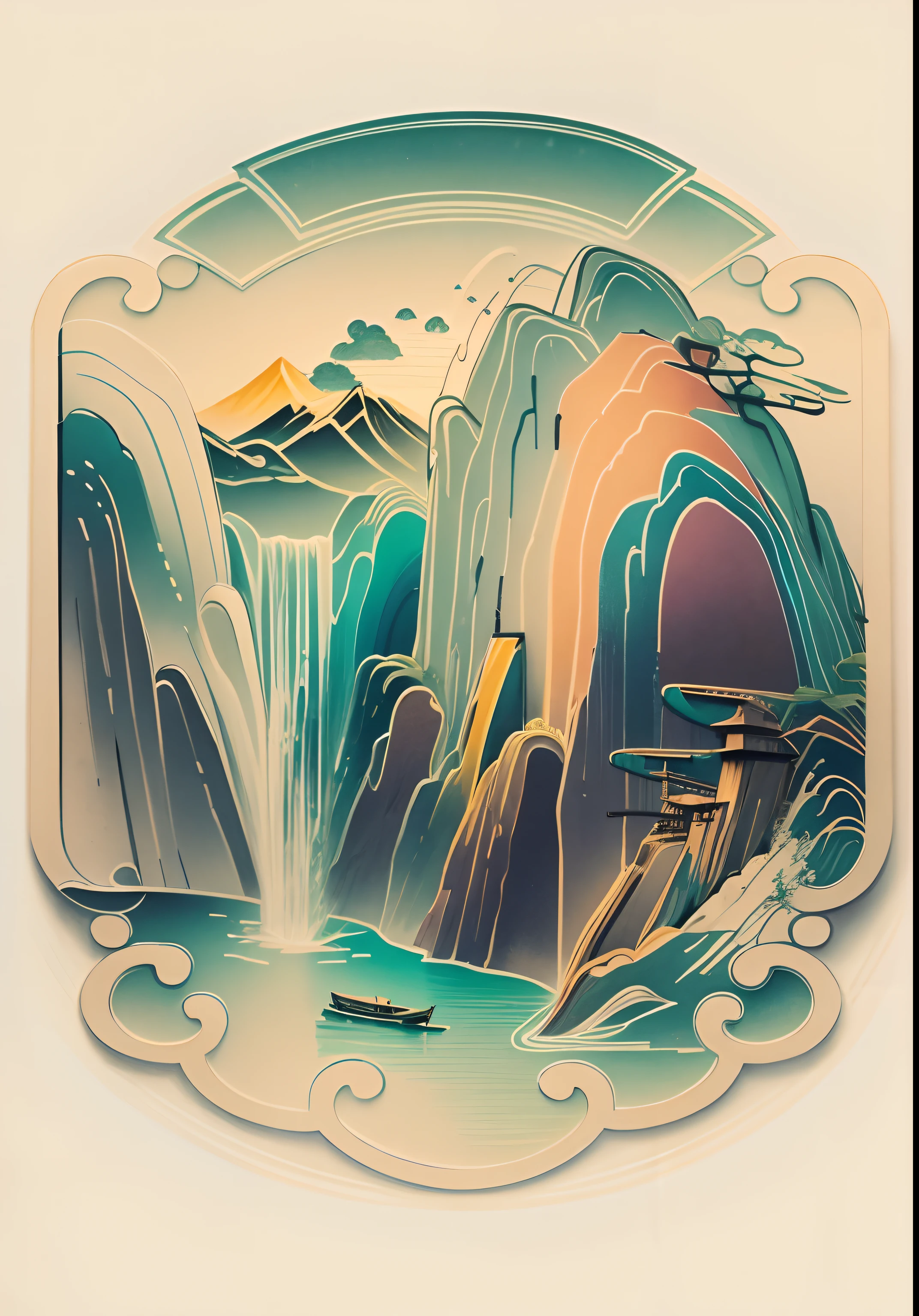 Line drawings are colored landscape paintings