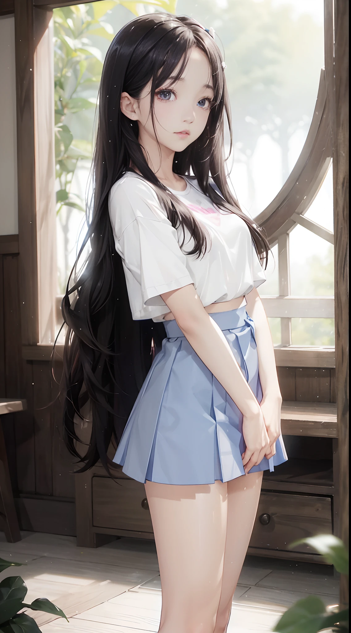 ((Jisoo from Blackpink)), white t-shirt, tiny blue pleated skirt, pink panties, black tights to the waist, black high heels, close-up from thighs to face, shot from below, very fair skin, very long hair, wavy hair , camp, forest, photorealistic, indirect lighting, volumetric light, ray tracing, hyperdetailed, best quality, high resolution, HDR, 8k