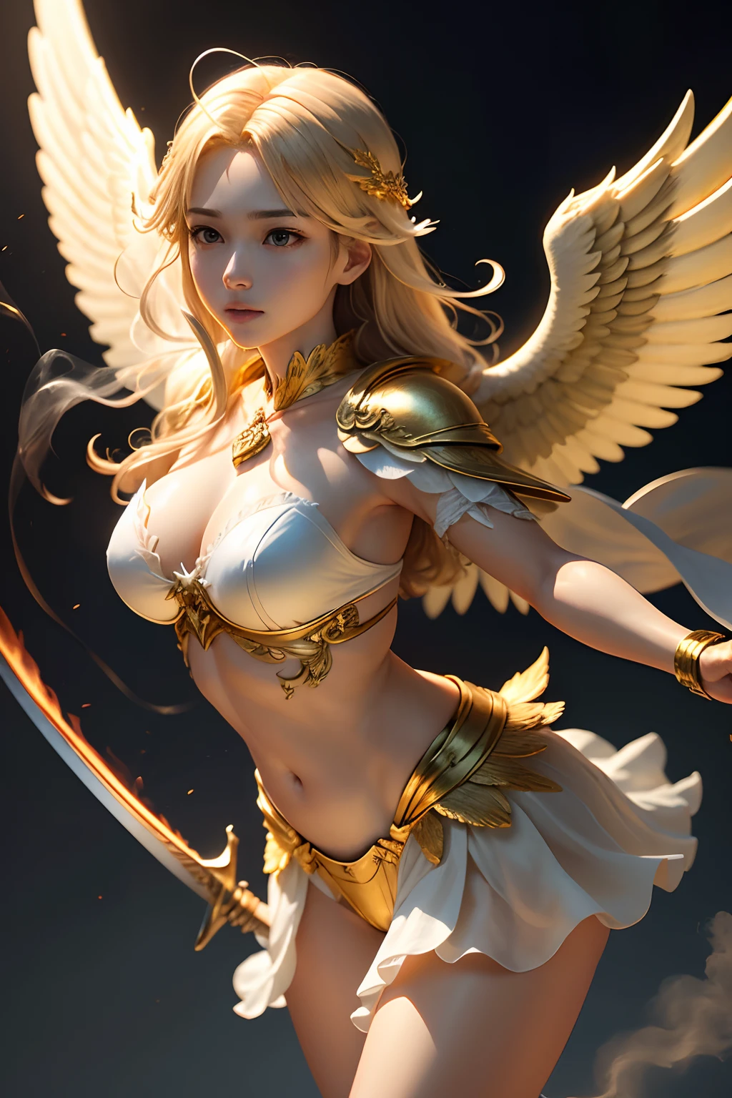 Ultra-realistic angelic figure: A golden angel with wings、I unfolded a fiery sword in my hand in the dark, Dark Smoke Settings