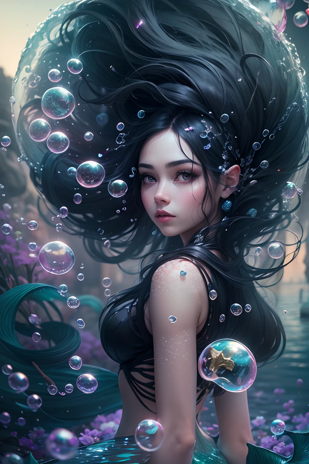 black hair, Surrealism, 8k, super detail, fairy mermaid, full body, bubbles, dreamy scenery