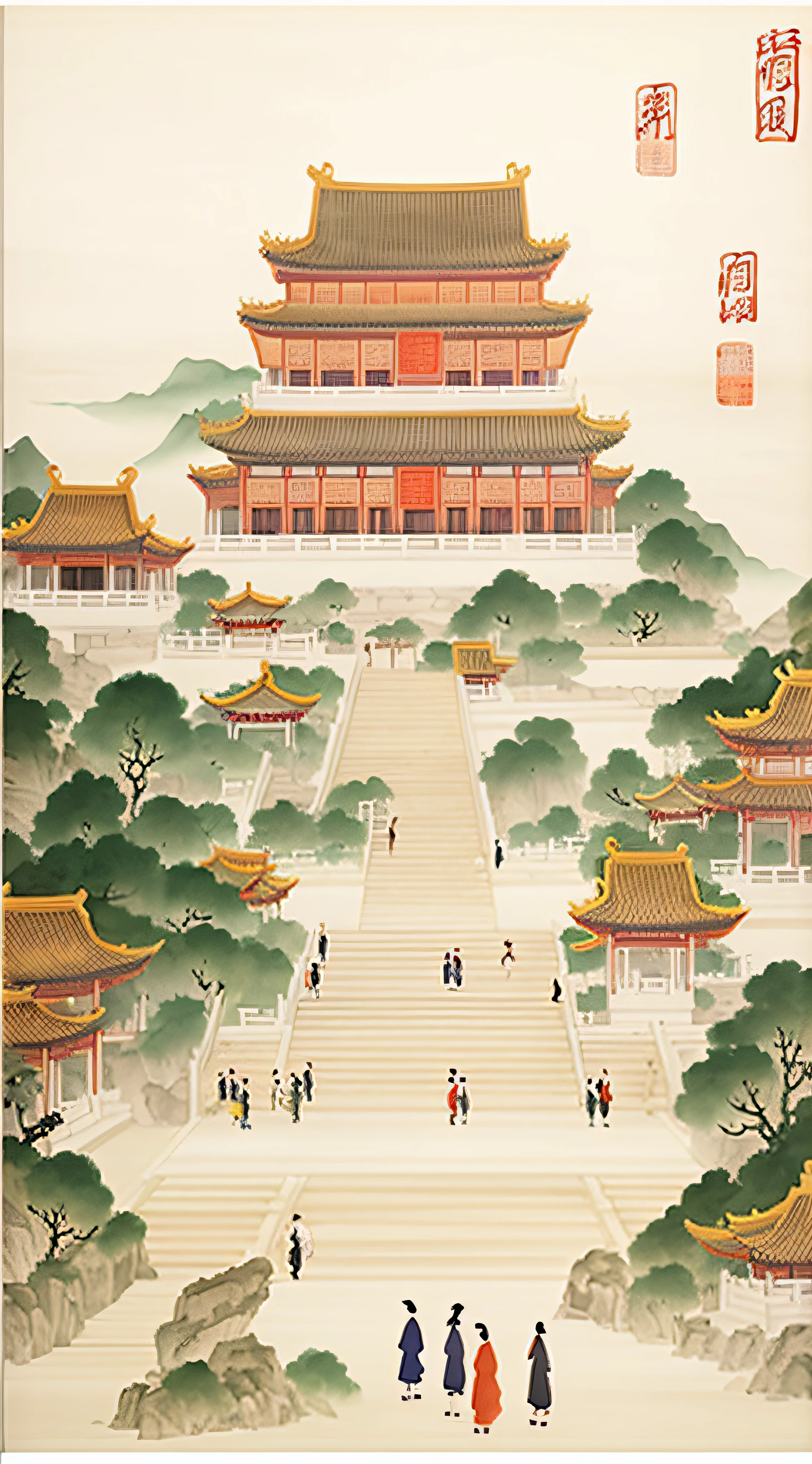 There is a painting,There are many ancient buildings, In the middle is a long staircase for the day,At the top of the staircase is the largest palace,The stairs are flanked by small palaces,Chinese watercolor style, dreamy Chinese towns, Chinese style painting, ancient city landscape, author:Qu Leilei, ancient china art style, Chinese painting style, author:Qiu Ying, author:Xia Gui, author:Li Zai, Traditional Chinese watercolor, Ancient Chinese architecture, Tang Dynasty Palace, with ancient chinese aesthetic,higher details, clearly visible