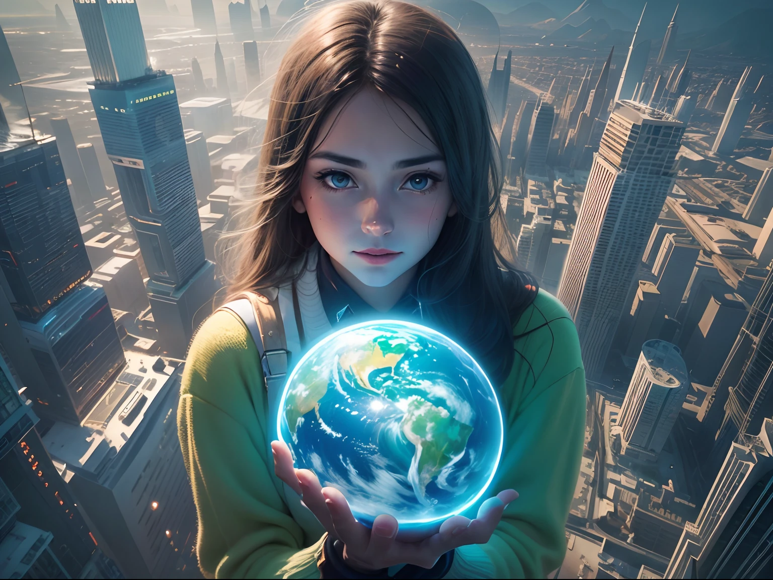 1 20 yo girl, Holding the blue planet in hand, Being in the air, Bird's eye view, sci fi city, There is glare,