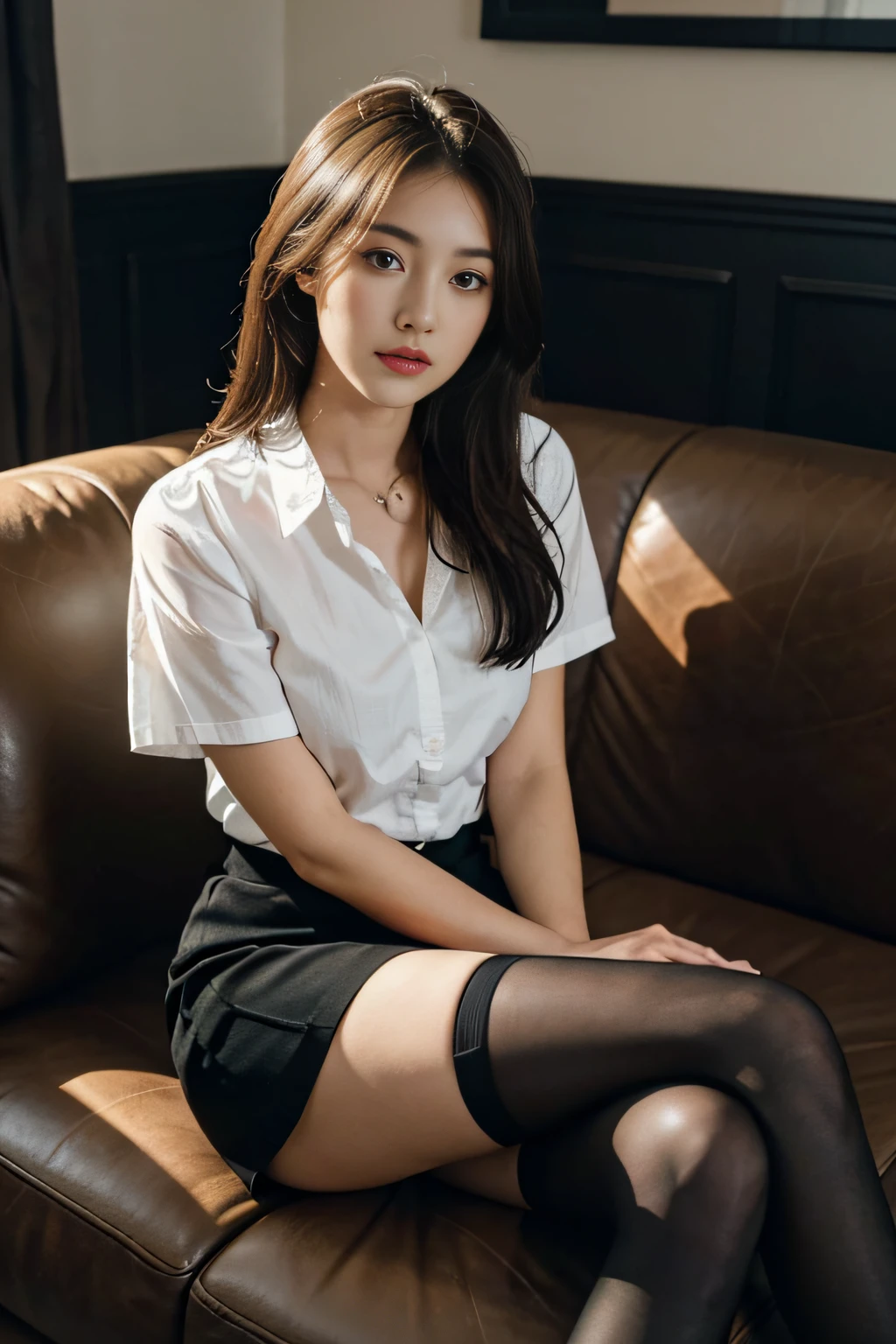 Indonesian face girl, wear skirt, Girl sitting on chair, open crossing leg, seeing panties on skirt, visible white panties