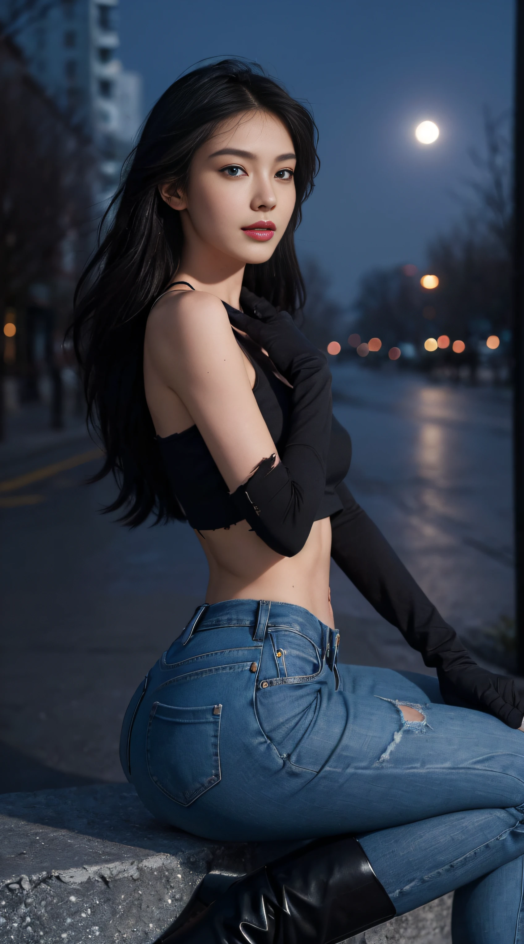 8K, Top Quality, Intricate Details, Ultra Detail, Ultra High Resolution, Masterpiece, ((close up shot)), shot from behind , looking away from viewer,, Slender, Smile, (Makeup: 0.4), (Fluffy Blue Eyes: 1.21), blue Eyes,, ((full body)), 1girl, solo, 1 girl, (( full body)), close-up shot, , , ((tall)), (((fit body))), (((slim face))), sharp face, sharp eyes, (((black hair, long hair, )) ,(detailed face), sharp face, small lips, thin lips, holding gunblade,
(( torn crop top, torn skinny pants,gloves, boots)), detailed face, detailed breast, , large breast, detail ass, round ass , Beautiful girl with accentuated slender abs: 1.4, Six Pack Abs: 1.4, Bust Botox, Big, Perfect Body, detail leg, (( moonlight)), cyber city