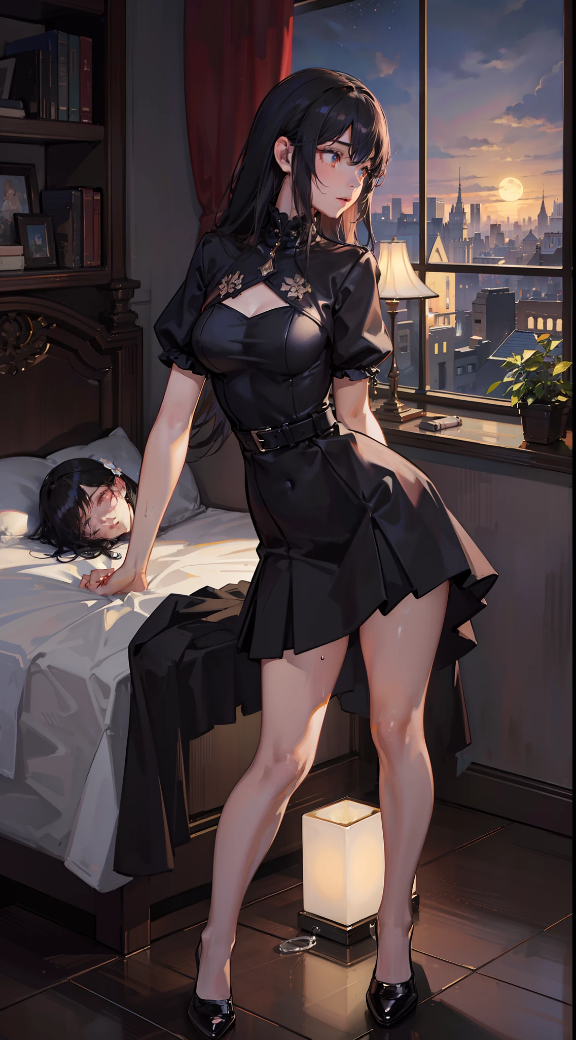 Man and woman in a bedroom with two beds, Kiss between man and woman, , Black hair in a short skirt, Naked men and women、Mass sweat、Love Juice、(((Having sex)))、Back Style、Shaking hips、(((Inserting male genitalia into female genitalia)))、Focus on female genitalia、Modern bedroom, big bed, flower pots, Flowers on the floor, Large windows overlooking the city, the night, lamp lights, Soft light, Moonlight outside the window, Very detailed, Beautiful body, Clear Image, High Definition Commercial Illustration, cover illustration, Commission for high resolution, in style of digital illustration, close scene, Romance Novel Cover, cover illustration, Background Illustration, Figure 8K, Realistic art style, Professional illustration, Artistic cover, Stylized works of urban fantasy, official illustrations
