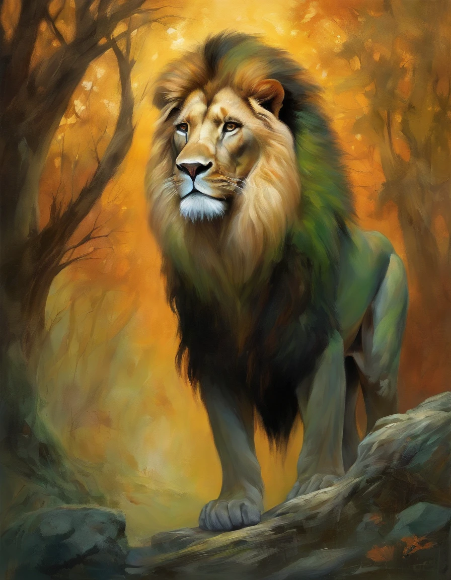 Avatar only,The king with the crown,Green skin, dramatic lighting, Detailed hair and fur texture, There is a strong look in the eyes of the lion, Pay attention to muscles and realistic facial expressions, Impressive shadow and light treatment, Mysterious and atmospheric atmosphere, Subtle grayscale in the background, Striking and eye-catching art style, Meticulous details in the surrounding landscape, Warm colors juxtaposed with cool tones, Dynamic perspective conveys the majesty of the king.