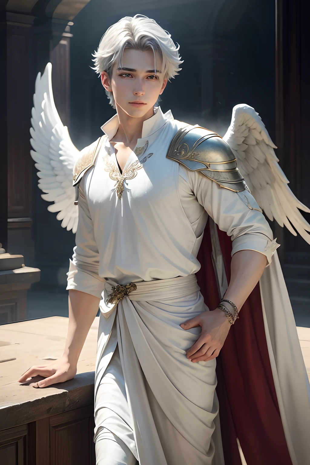 Beautiful young man with an ultra-realistic angelic appearance: A winged silver-white angel、I unfolded a fiery sword in my hand in the dark, Dark Smoke Settings