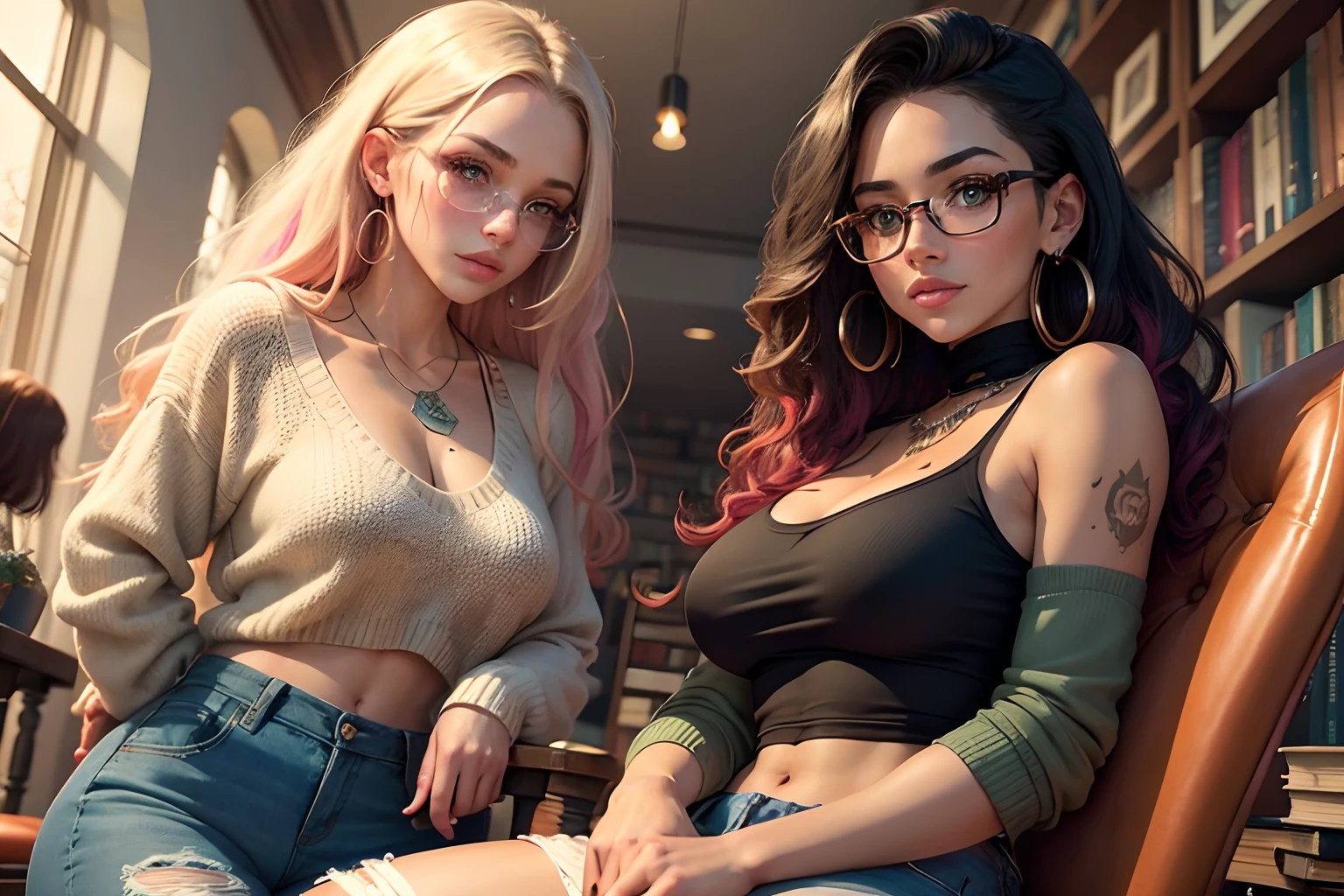 Two Gorgeous artsy women, long flowing thick natural hair, dressed in knit sweaters and ripped jeans pants, jewelry, tattoos, indie punk aesthetic, beautiful athletic body, lovely lively expressive eyes, painting in a library in autumn, lovely colorful lighting, Cheery atmosphere, flirty, freckles, gorgeous face, very tan skin, incredible detail to texture, in love, green eyes, lots of color, photorealistic, masterpiece, absolute babe,
Colorful outfit, patterns, glasses, sitting down in chairs behind a table reading
