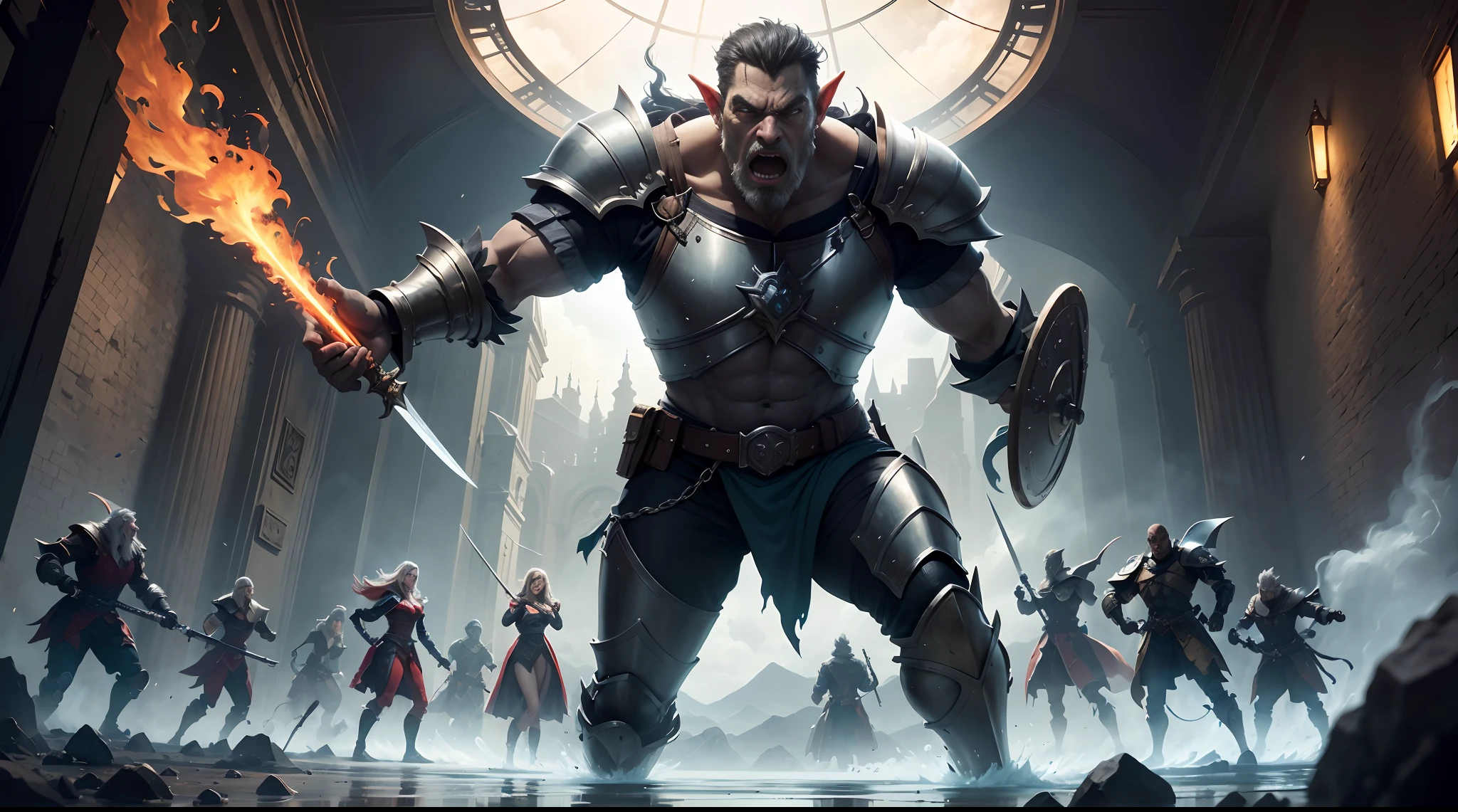 Masterpiece,Best quality,Ultra detailed,CG,8K,(Dynamic Angle),fantasy ,5girl,5 boys,Many people,Women,Men,a old man,Old women,Different faces,fantasy,roleplaying,heroines,bounty hunter,Bard,magister,Spell,swordsman,Shield warriors,Armor Master,curate,archer,half-orc,Non-human,high elf,Devil,demon,The ultimate battle,Melee,En plein air,indoor,dark castle,Broken bridge,mountain ranges,Plain,Drama,Intense,Powerful,Fire magic,Ice magic,Water magic,Fire rain,Spell,sword,A shield,Armor,Fire,Smoke,Light,black shadows,impact,sport,video game culture,Role-playing metaphors,Character design,animation,special effects,composition,proportionate,foreground,Middle area,Background,Perspective,Light,Color,Texture,Details,Beauty,miracle,