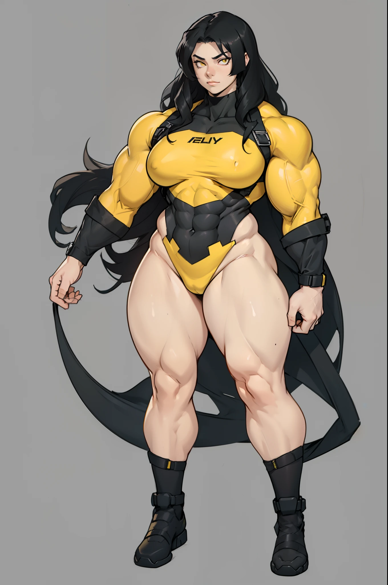 ((grey background)), (((((1 girl))))), black hair, yellow eyes, ((((((muscular)))))), tall, pale skin, (full body), bodysuit, (solo), curvy, wide hips, thick thighs, small breasts, wavy hair