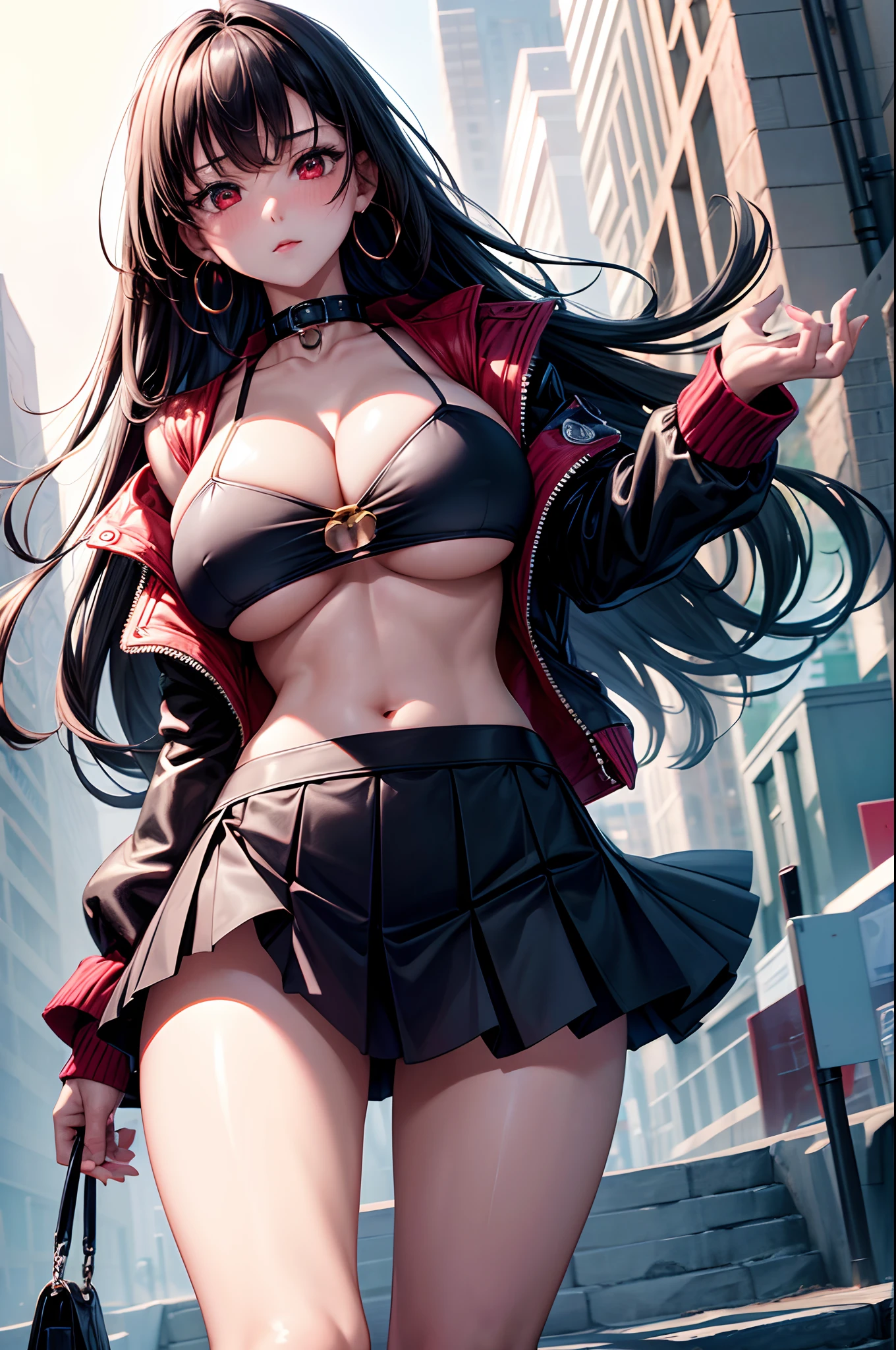 1girl, absurdres, high res, ultrasharp, 8K, masterpiece, looking at viewer, human, thighs, breasts, huge breasts, cleavage, underboob, long hair, black hair, red eyes, earrings, collar, crop top, open jacket, skirt, naval, blush, transparent