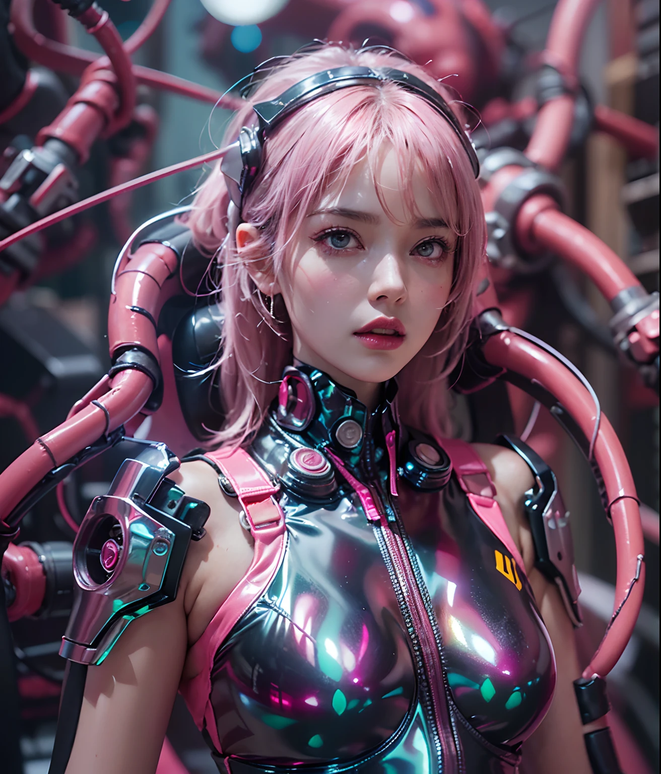 (((Perfect girl portrait shoot))), ((Extremely long curly fluorescent cyberpunk hair)), Best image quality, Masterpiece, Super high resolution, (Fidelity:1.4), Photo, (((1 girl))) Dim, Darkness, Movie, (Translucent futuristic black clothing and costumes:1.5), (Translucent clothes:1.4), ((Cyberpunk)), cyber outfit, ((robot)), Apocalypse, Futuristic, (((Oversized hanging breasts))), ((Perfect and distinct facial features)), ((Portrait)), (((dynamic shot))), ((Perfect body)), ((Award-winning ultra-realistic photos)), (((Extremely tight reflective translucent latex))), Pastel textured colored background, Colourful, vibrant, ((Gorgeous perfect color reflective eyes)), (Spherical flying robot)), ((Soap and bubbles))Top quality, Masterpiece, 超高分辨率, (Photorealistic: 1.4), RAW photo, 1 Cyberpunk Girl, Glossy glossy skin, 1 mechanical girl, (hyper realistic detailed)), (((Full body shot))), Global illumination, Contrast, Shadows, Octane rendering, 8K, ultrasharp, raw skin, metal, Intricate Ornament Details, Japan Details, very complex details, Realistic light, CGSoation trend, Facing the camera, neon light detail, Mechanical limbs, Blood vessels connected to the tube, Mechanical vertebrae attached to the back, mechanical cervical attachment to the neck, wires and cables connecting to head, gundam, Small LED lamps.(RAW photo:1.2)，Pink latex jumpsuit，Hollow-out on，Holt collar, latex shiny,tight-fitting，sweat leggs，White liquid， Pink body, wearing atsuko kudo latex outfit, wearing tight suit, Smooth pink skin, catsuits, Wearing latex, shiny plastic, shiny metallic glossy skin, The color of pink glow, latex outfit, chrome bodysuit, cyberpunk glossy latex suit, Shiny, futuristic glossy latex suit　spread their legs　M-shaped legs　angry look　sullenness　Irritated，white liquid all over body，