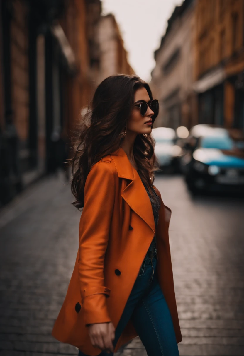 A brunette girl walking down the street dressed sexy