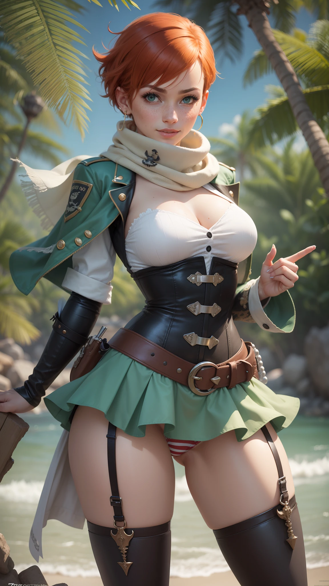 gwen tennyson,tracer,yorha 2b,sinon, rebecca chambers,reisalin stout,pirate outfit,beach,ager,green eyes,thigh high boots,garter belt,striped panties, short hair,orange hair,pirate ship,shy smile,white striped top,tight skirt,wet body,freckles,redhead,pirate corset,pirate jacket,beautiful girl,large breasts,ultra detailed,realistic,pearl earrings,long scarf,