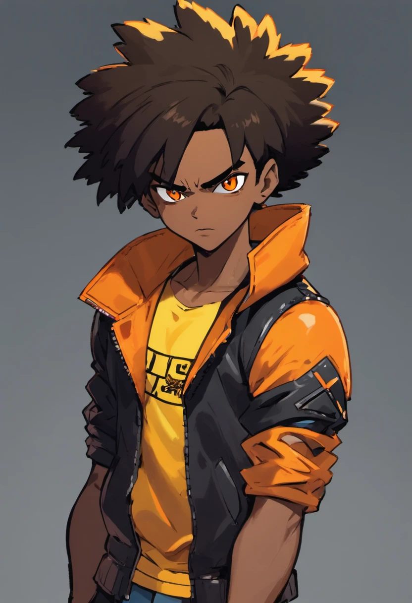 Imagem dos desenhos animados de um homem de pele escura com corte de cabelo desbotado vestindo uma camisa preta e uma jaqueta xadrez amarela, retrato do personagem, olhos laranja claro, afro encaracolado(preto:1.5,), sorridente, inspirado em Huey de The Boondocks, (preto:1.5,castanho escuro:1.3, laranja:1.2), penteado meio rapado