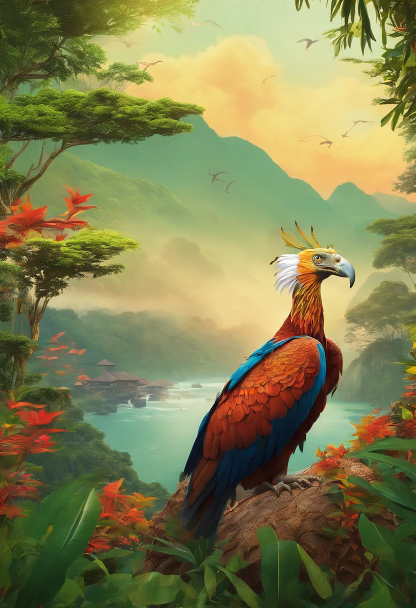 A breathtaking view of the forest awaits, with its lush greenery and enchanting atmosphere. (best quality, highres:1.2),ultra-detailed,realistic. The sky above is adorned with the splendid Indonesian flag, proudly fluttering in the gentle breeze. The vibrant colors of the flag add a touch of national pride to the scene. Upon closer inspection, you'll notice the magnificent creatures that call Indonesia home. Majestic rajawali eagles soar through the air, their wingspan leaving a trail of awe in their wake. The rare and endangered badak cula satu, or Javan rhinoceros, peeks out from behind the tall grass, exuding strength and resilience. And don't miss the iconic Komodo dragon, a true symbol of Indonesian wildlife, who basks in the sunlight, its scales glistening with natural beauty. With the perfect lighting that emphasizes every detail, this masterpiece captures the essence of Indonesia's rich biodiversity.