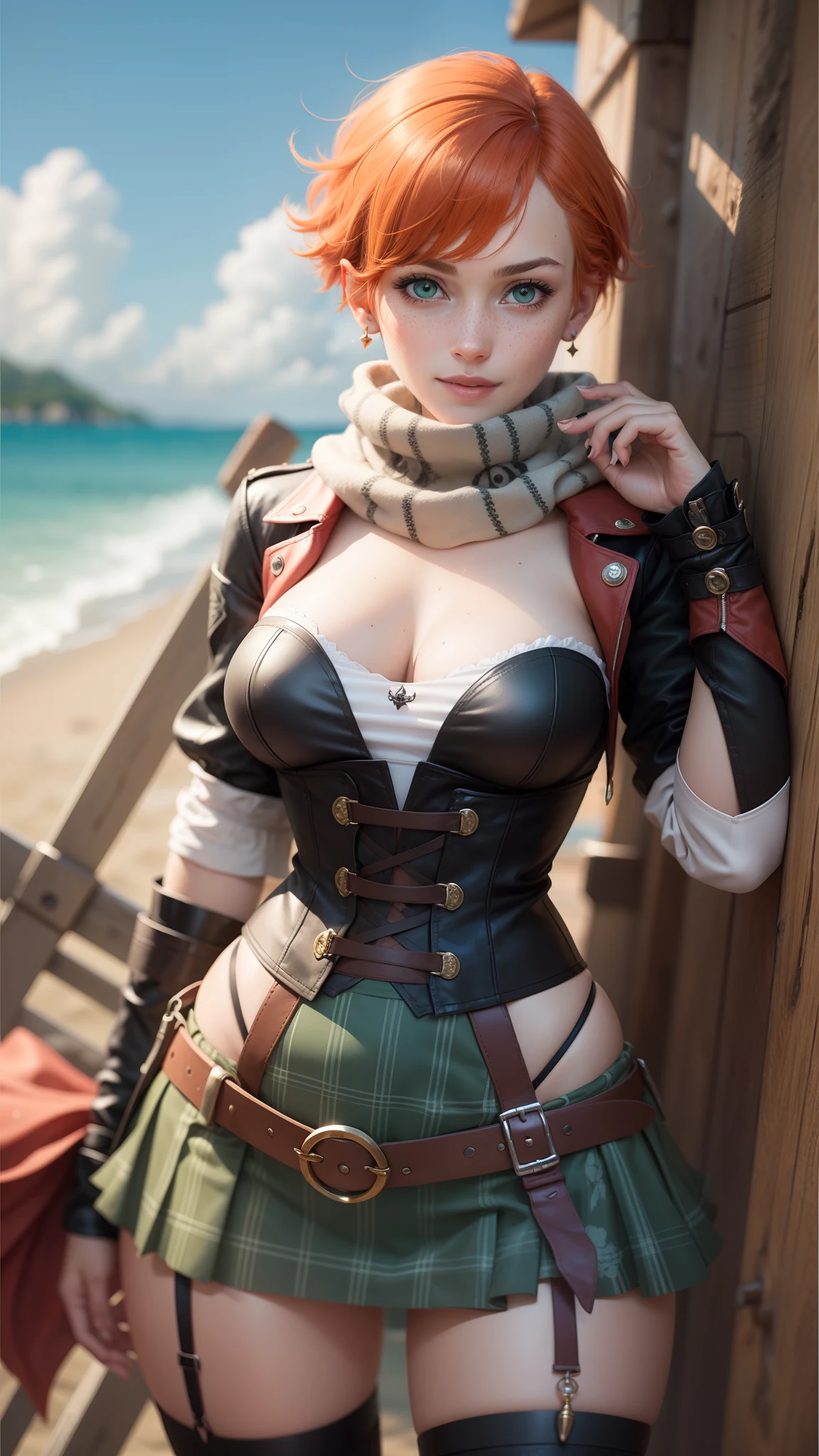 gwen tennyson,tracer,yorha 2b,sinon, rebecca chambers,reisalin stout,pirate outfit,beach,ager,green eyes,thigh high boots,garter belt,striped panties, short hair,orange hair,pirate ship,shy smile,white striped top,tight skirt,wet body,freckles,redhead,pirate corset,pirate jacket,beautiful girl,large breasts,ultra detailed,realistic,pearl earrings,long scarf,