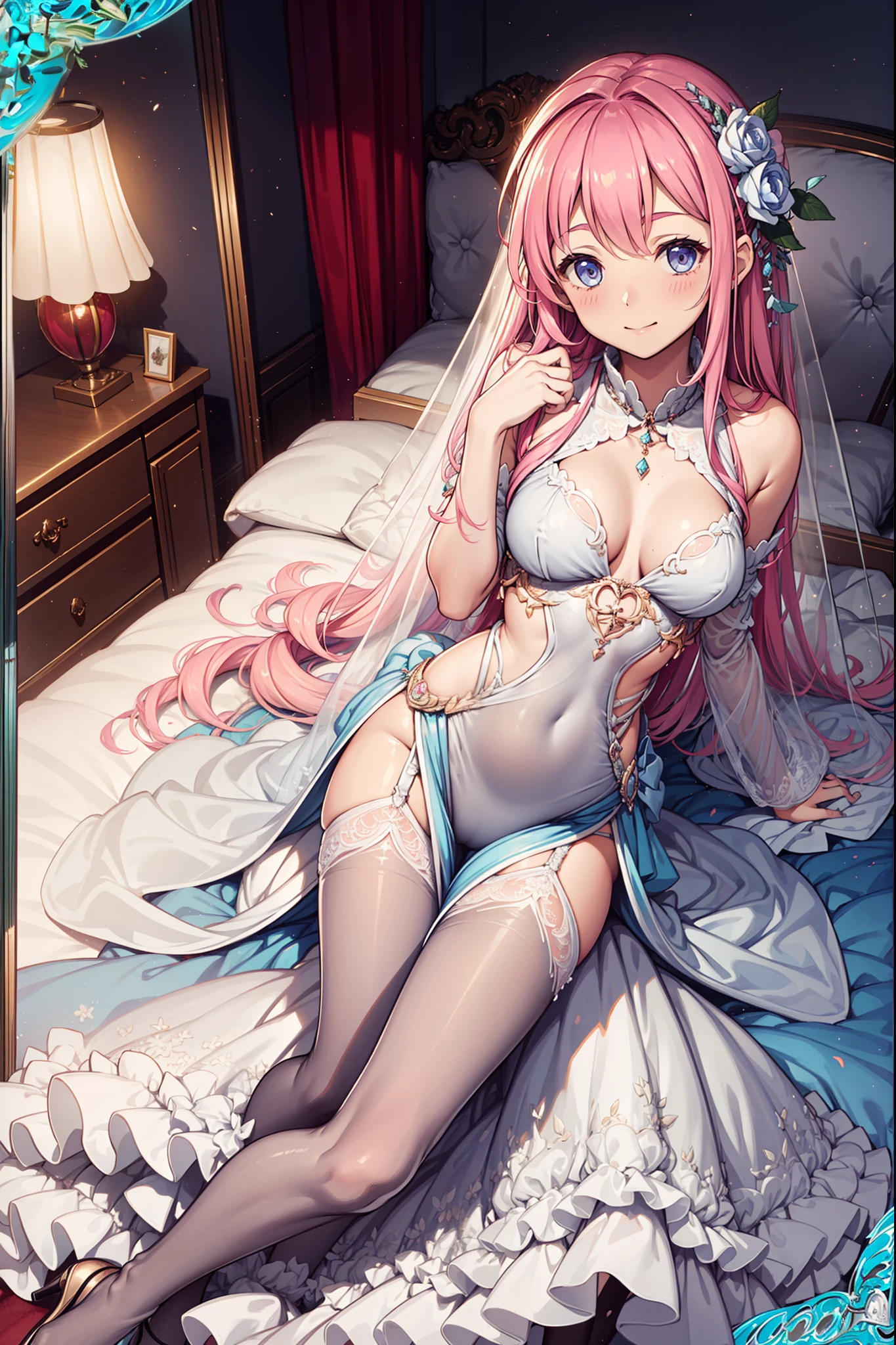 teens girl,Enchanted,having fun,Being in love,Pink hair,Lilac wedding dress,see-through transparent clothes,exquisite costumes,A small amount of lace,Bedrooms,solo person,eBlue eyes,the night,See-through pantyhose