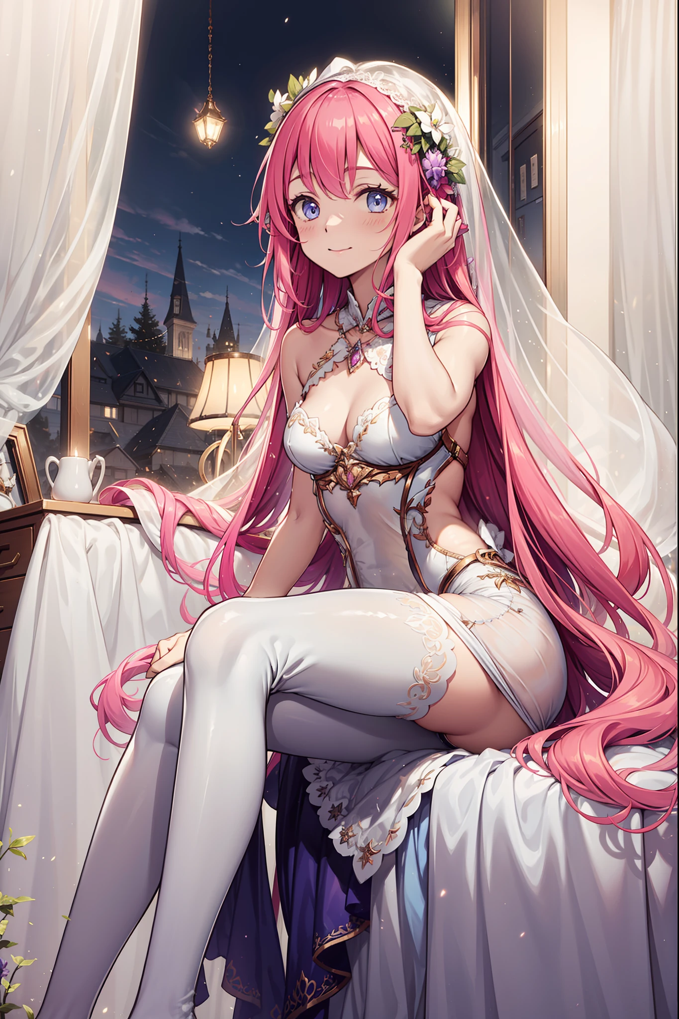 teens girl,Enchanted,having fun,Being in love,Pink hair,Lilac wedding dress,see-through transparent clothes,exquisite costumes,A small amount of lace,Bedrooms,solo person,eBlue eyes,the night,See-through pantyhose