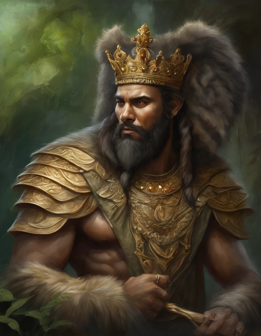 Avatar only,The king with the crown,Green skin, dramatic lighting, Detailed hair and fur texture, There is a strong look in the eyes, Pay attention to muscles and realistic facial expressions, Impressive shadow and light treatment, Mysterious and atmospheric atmosphere, Subtle grayscale in the background, Striking and eye-catching art style, Meticulous details in the surrounding landscape, Warm colors juxtaposed with cool tones, Dynamic perspective conveys the majesty of the king.