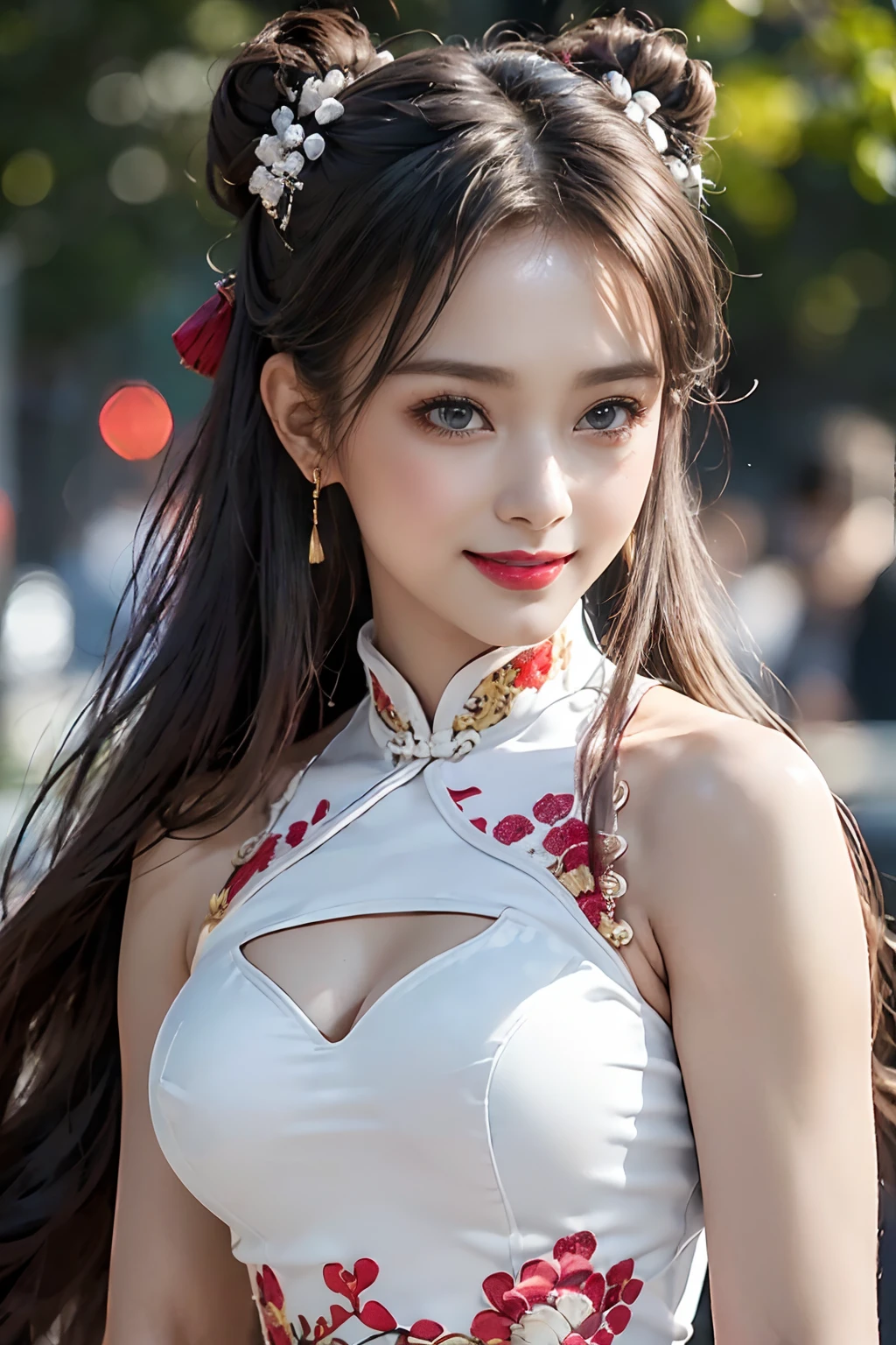 ((Best Quality, 8K, Masterpiece: 1.3)), cowboy shot, extremely Cute Beautiful Woman, 1 Girl, (Beautiful Breasts:1.3), (Abs, Slender Figure: 1.1), Sharp Focus, (((Intricate Details)), High Detail, Upper Body, One Girl, Black twin-buns Hair with bangs, chinese kanzashi, (white luxury satin cleavage cut-out evening Chinese dress:1.5), lace, detailed evening dress, 8K, 8K Resolution, clean detailed face, Detailed Body, Detailed Clothes, Sharp Images, hyper-sharp image, Japan Anime Concept Art, trending on Artstation, ((looking the viewer, facing the viewer, staring the viewer:1.3)), seductive sexy pose, ((seductive smile, light smile:1.25)), pink lipstick, bokeh, field of depth, 8.5 life size, 8k resolution, (shot on EOS 5D Mark IV, 35mm lens, f1.8), (ancient Chinese Street Background, no-human simple background, detailed background), ((frame the head:1.3), detailed human hands, perfect human hands, perfect anatomy, perfect proportion, ultra-sharp focus,