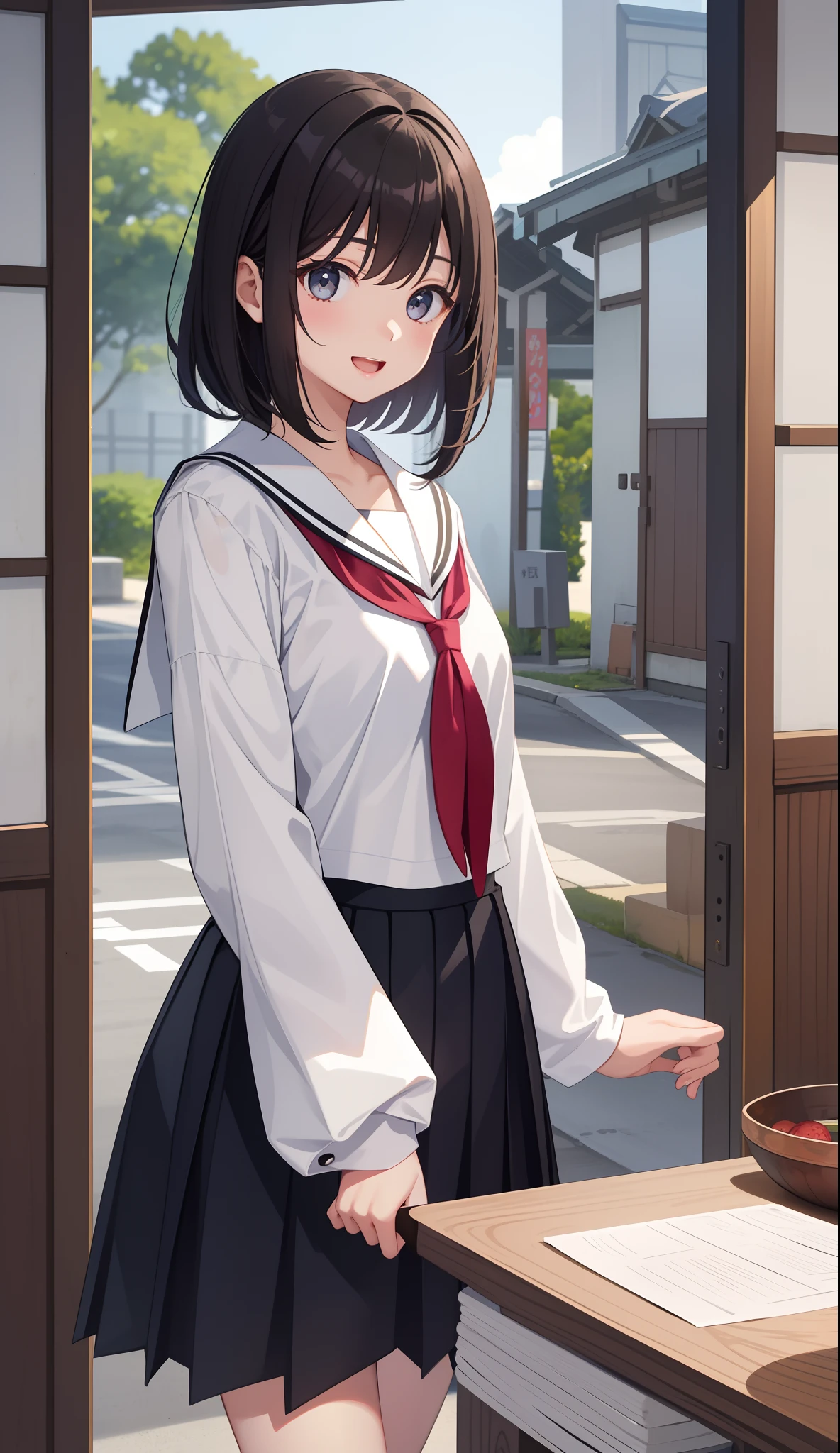 1girl in、AS-Adult、A smile、open open mouth、、be shy、The shirt、skirt by the、（small tits）Japan High School、校服、serafuku、Walking with a thigh、Upper body portrait、