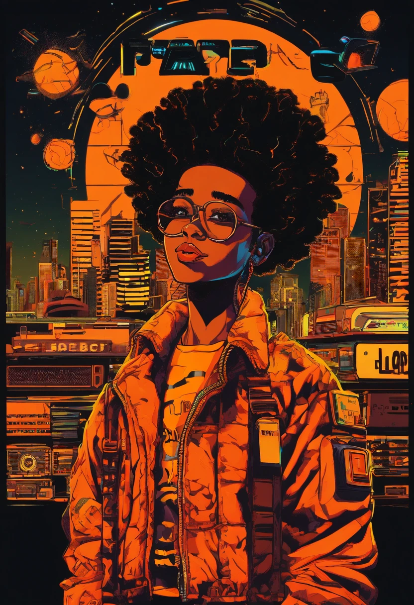 Imagem dos desenhos animados de um homem de pele escura com corte de cabelo desbotado vestindo uma camisa preta e uma jaqueta xadrez amarela, retrato do personagem, olhos laranja claro, afro encaracolado(preto:1.5,), sorridente, inspirado em Huey de The Boondocks, (preto:1.5,castanho escuro:1.3, laranja:1.2), penteado meio rapado