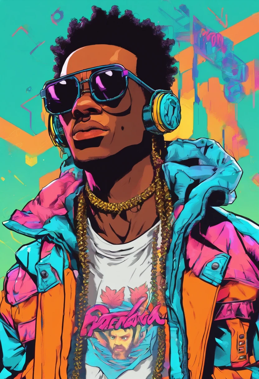 Imagem dos desenhos animados de um homem de pele escura com corte de cabelo desbotado vestindo uma camisa preta e uma jaqueta xadrez amarela, retrato do personagem, olhos laranja claro, afro encaracolado(preto:1.5,), sorridente, inspirado em Huey de The Boondocks, (preto:1.5,castanho escuro:1.3, laranja:1.2), penteado meio rapado