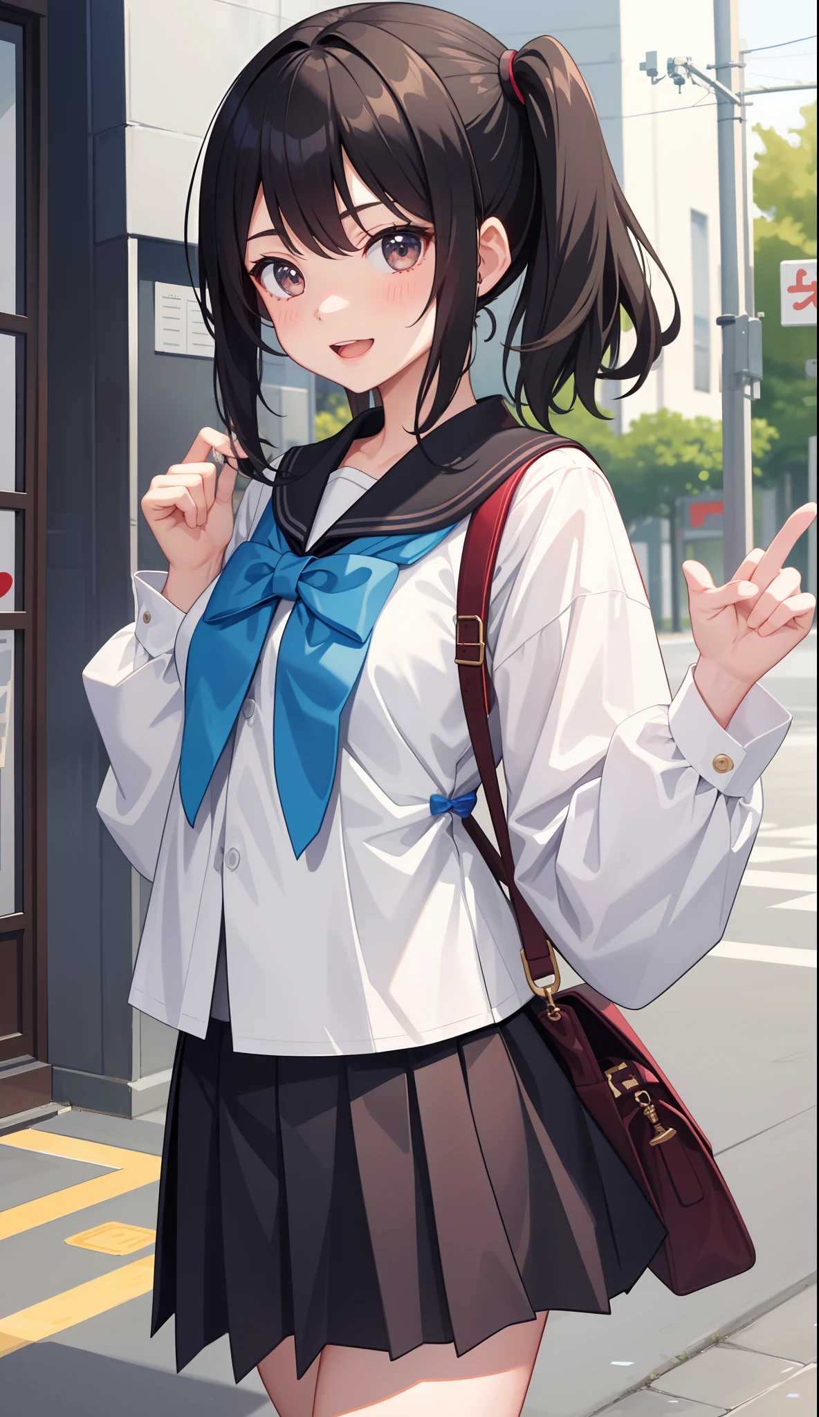 1girl in、AS-Adult、A smile、open open mouth、、be shy、The shirt、skirt by the、(small tits)Japan High School、校服、serafuku、Walking with a thigh、Upper body portrait、