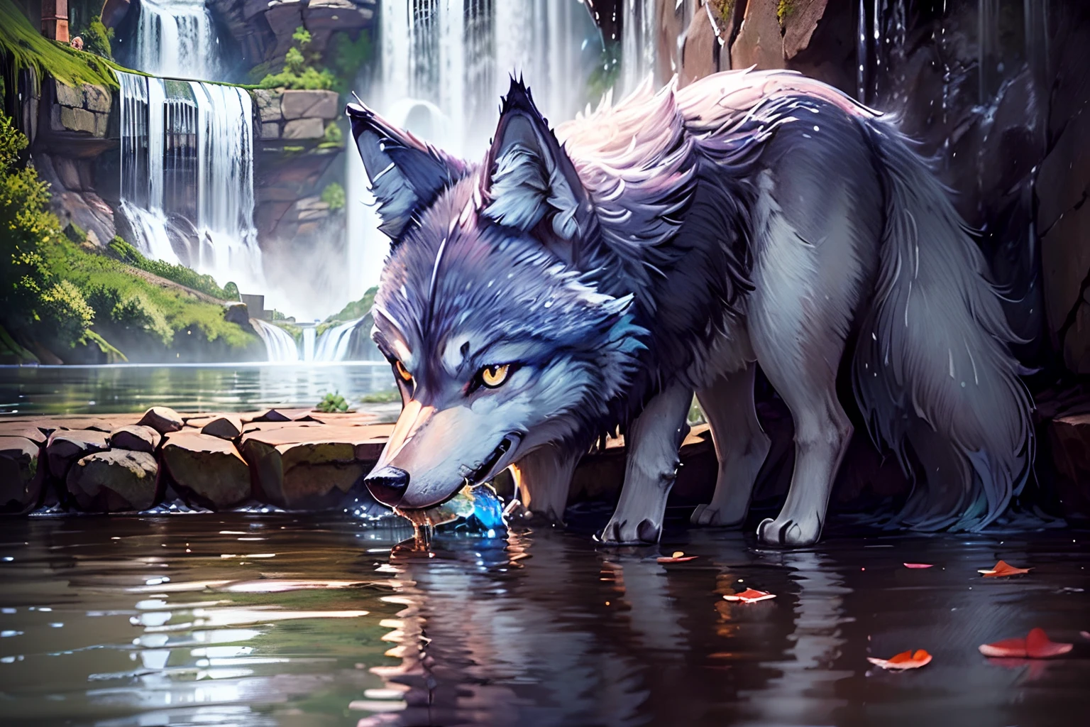 (((utterly cute wolf drinking water and lake with waterfall:1.3))), beauty nature, forest, create cool angle, pastel colored, sparkling water detailed surface, reflection, perfectly captured snapshot, exquisite high-definition drawing, unique rendering. unique perspective. intricate details, wonder sky glow, sharp and crisp resolution. high resolution of clarity. majestic nature, matte painting, (watercolor with ink pen outline, palette knife drawing, mezzotint). crisp clarity that is unmatched, highest quality, highly quality,