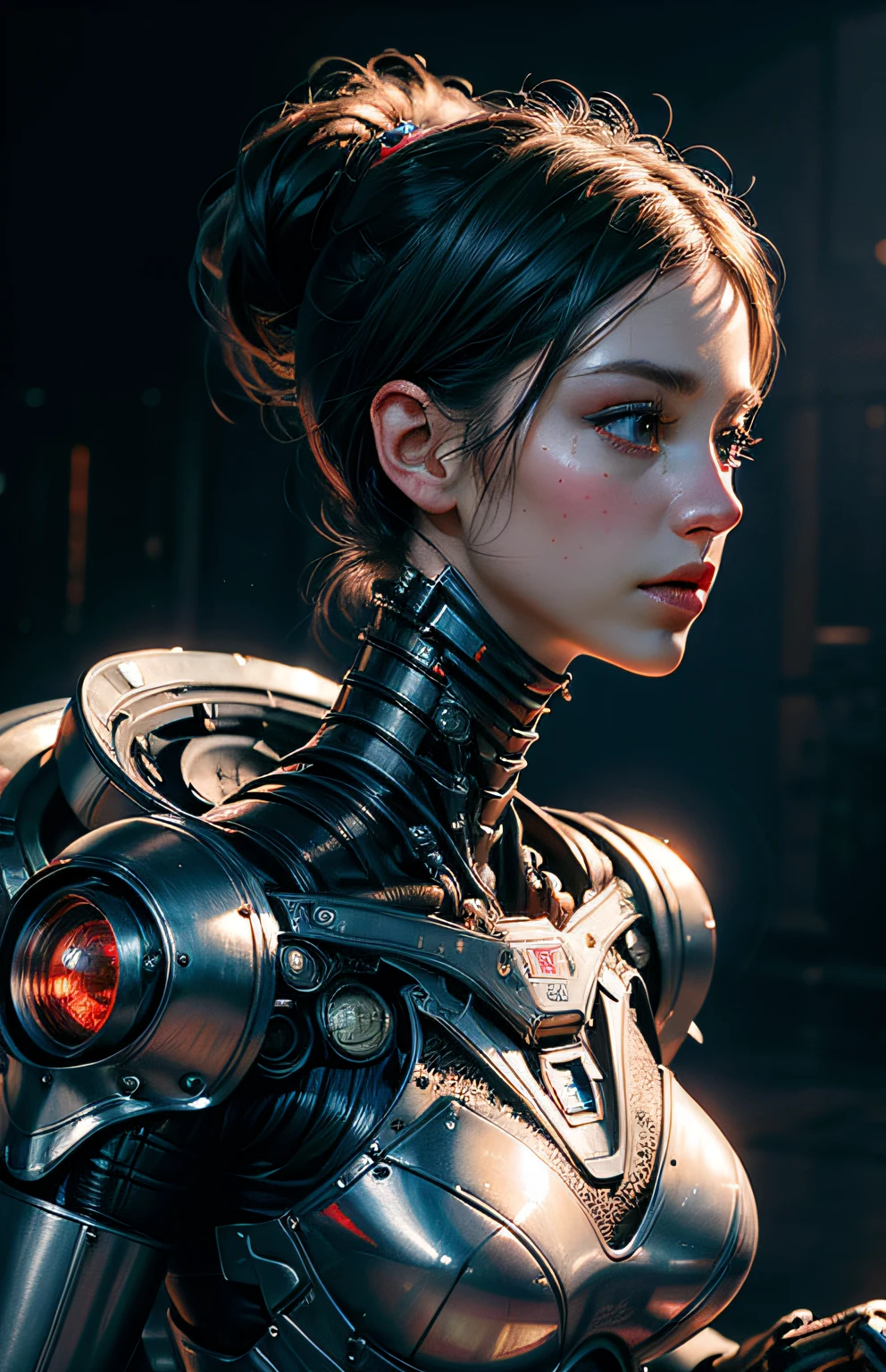 award-winning photo from the waist up, solo, masterpiece, best quality, perfect face, frontal shot of one's body ((extremely delicate and beautiful)), (beautiful delicate face), cinematic light, ((1 mechanical girl)) ((Gal Gadot)), (machine-made joints:1.4), ((mechanical limbs)), (blood vessels connected to tubes), ((mechanical vertebra attaching to the back)), (from the front)), without expression, (wires and cables attached to the head and body:1.5),  (detailed face), cyberpunk, (modelshoot style), (detailed: 1.4), HDR, depth of field, maximum clarity and sharpness, realistic details, award-winning photo, (complicated detail: 1.2), (fine detail), (cinematic lights, best quality backlight), sharp lines, sharp focus, wallpaper
